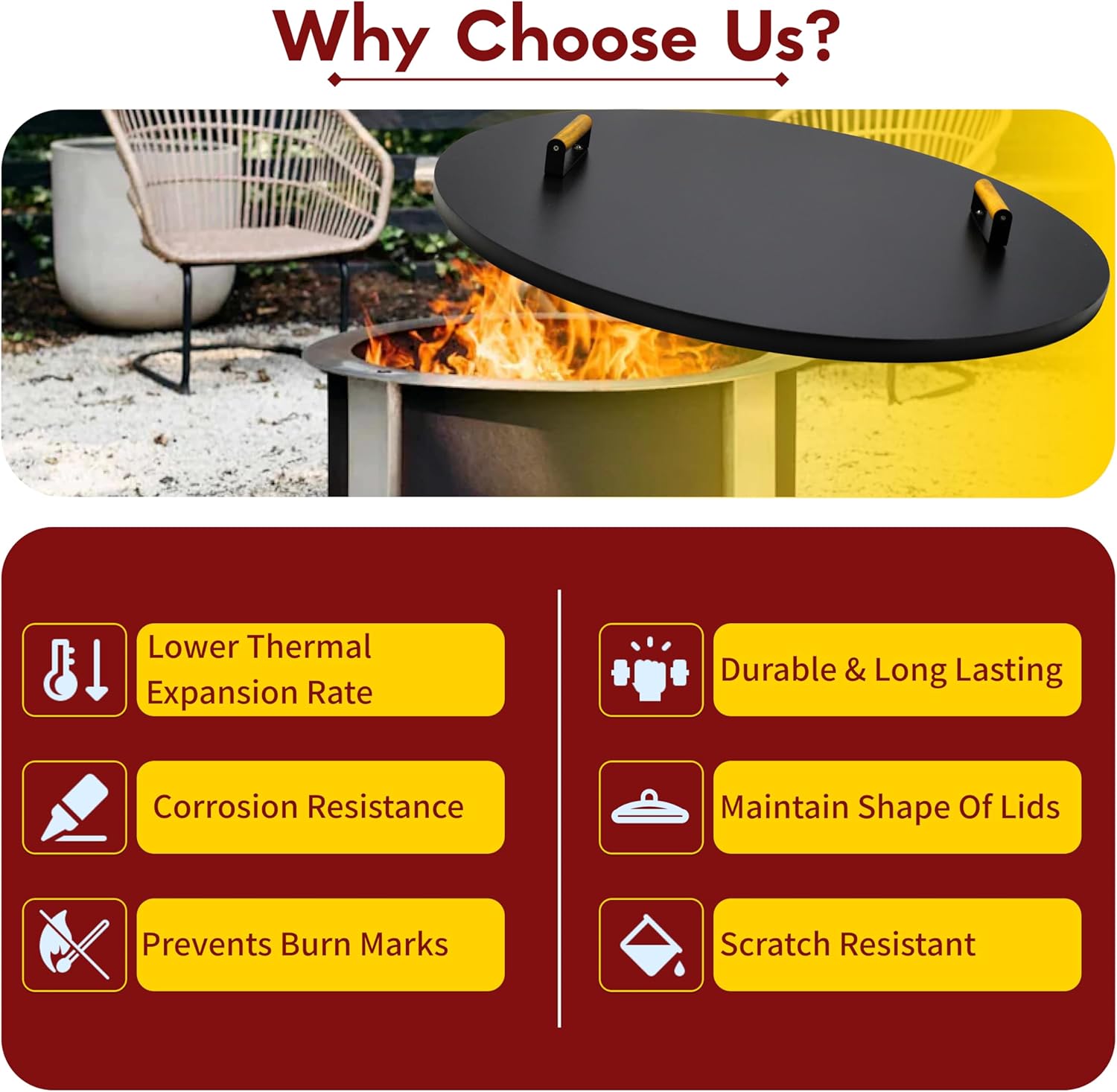 FEBTECH Solid Fire Pit Lid 35” - Fit for 34.5 Inch Smokeless Fire Pit - Carbon Steel Fire Pit Lid with Dual Wooden Handles & Powder Coating - Reliable Use as Garden Decor Fire Pit lid Accessories