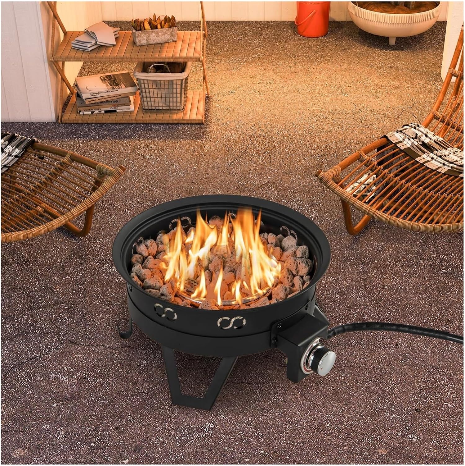17 Inch Portable Propane Fire Pit for Camping or Backyard with Folding Legs Removable Grill Carrying Bag Lava Rocks Tank Seat Included Outdoor Tabletop Gas Fire Bowl for Patio Deck Travel BBQ