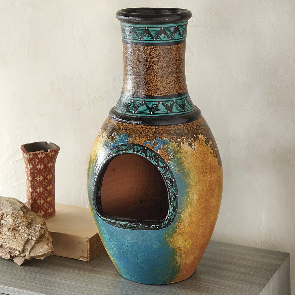 BLACK FOREST DECOR Native Skies Clay Chimenea – Hand Painted Tealight Holder – Turquoise and Gold Southwest Décor – 18