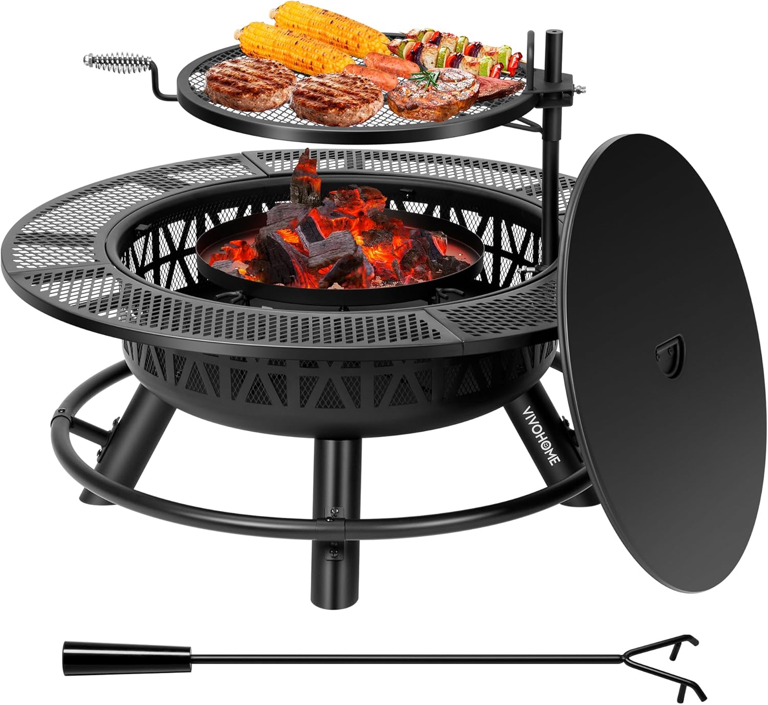VIVOHOME 35 Inch Fire Pit with Cooking Grill Grate & Charcoal Pan, 3-in-1 Wood Burning Firepits with Cover Lid, Metal Table for Backyard Bonfire BBQ Outdoor Camping Picnic