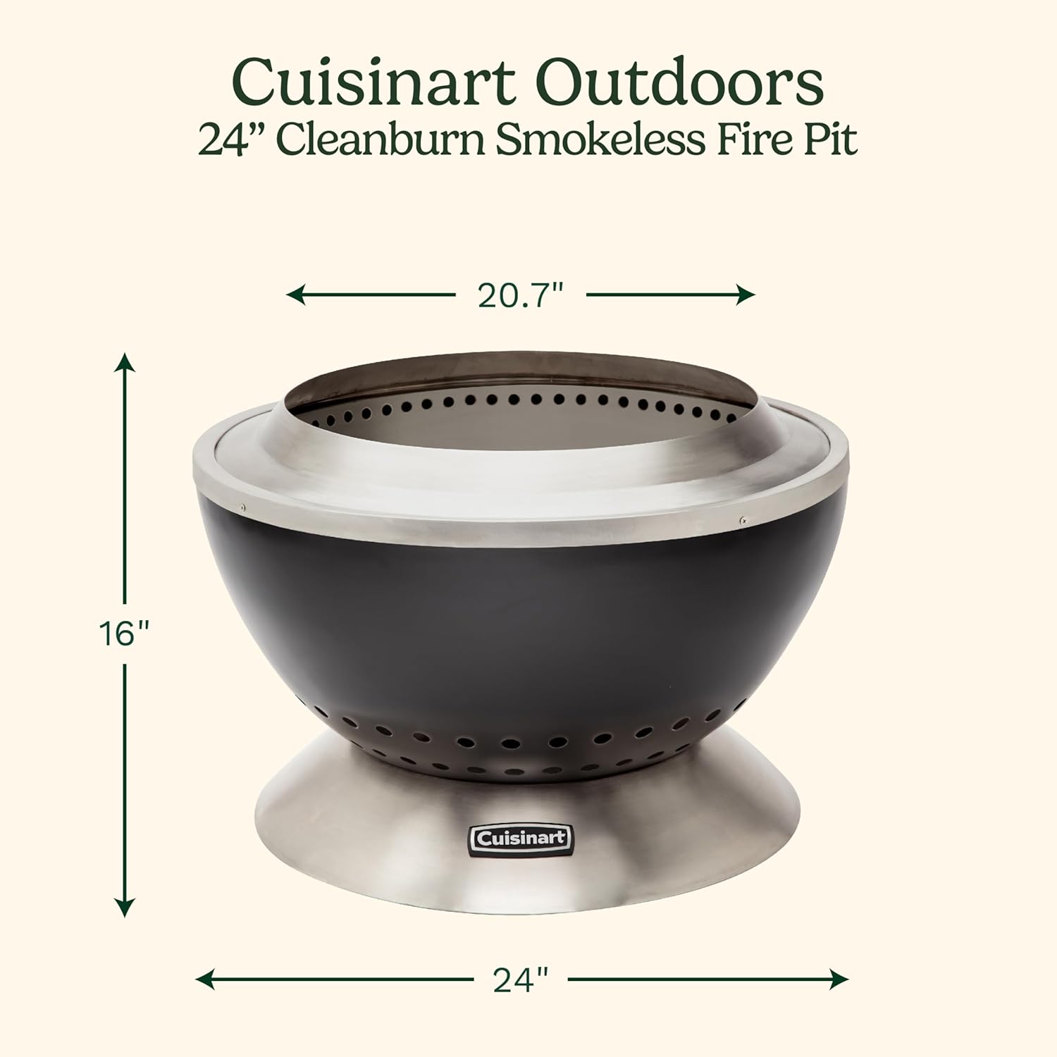 Cuisinart 24” Cleanburn Smokeless Fire Pit with Removable Base for Ash, Portable Wood Burning Outdoor Fireplace, Stainless Steel Smoke Free Outdoor Heater, Enhanced Airflow and Easy Cleanup