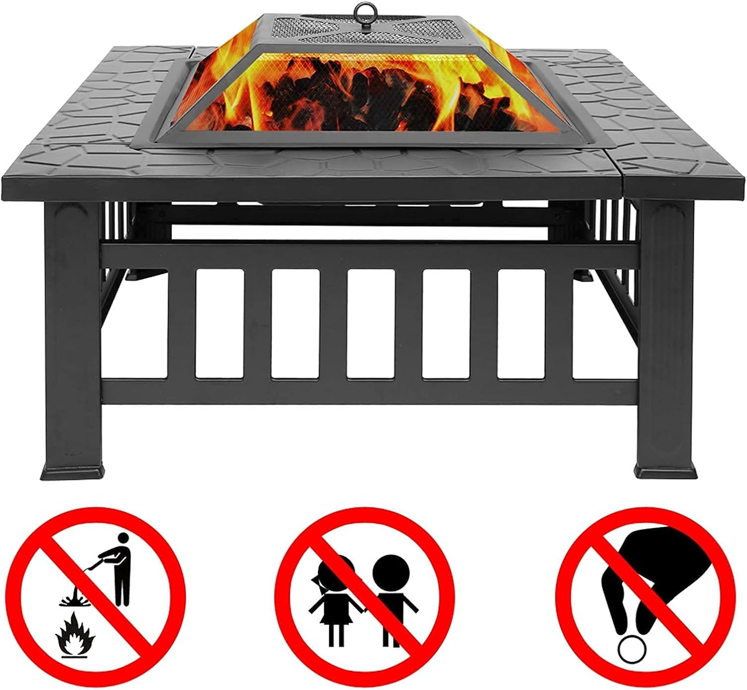 Fire Pit Table with Grill Shelf,Steel for Barbecue,Heater,Ice Pit,Metal Brazier Camping Bowl for Garden Patio Outdoor,Protective Cover,Square