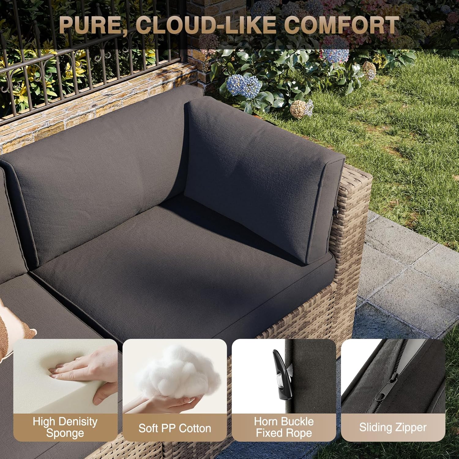 Aoxun Patio Furniture Sets, 8-Piece Outdoor Patio Furniture with 44'' Propane Gas Firepit Table, Wicker Outdoor Conversation Set Sectional Sofa for Backyard, Poolside, Garden (Black Cushion)