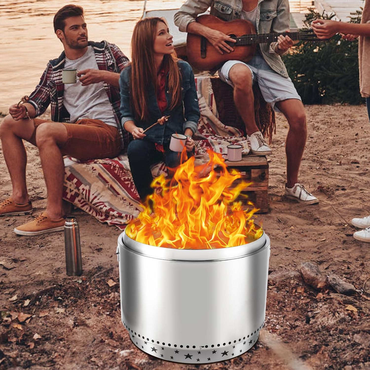 27-Inch Smokeless Fire Pit, Portable Stainless Steel Stove, Fire Pits with Cross Rounded Bracket for Camping Outdoor Wood Burning with no Handle
