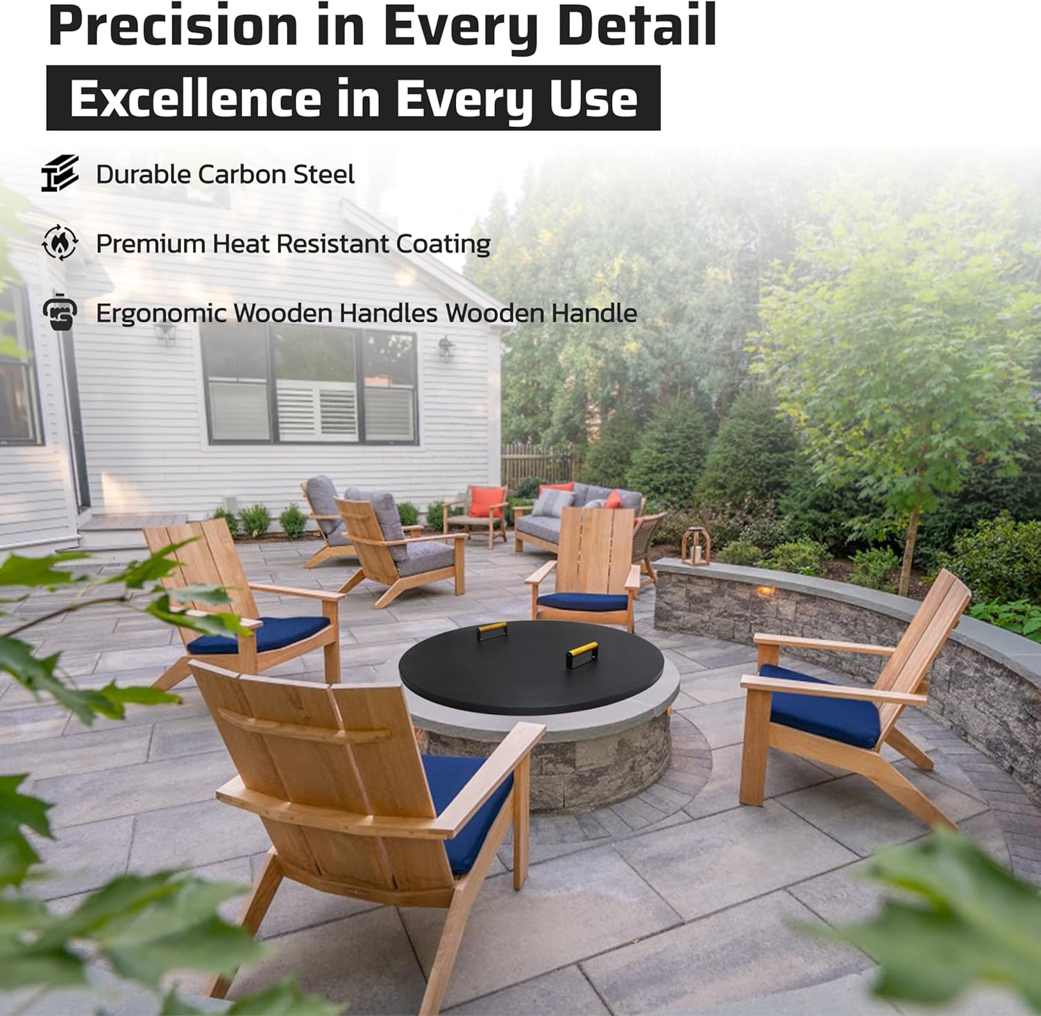 FEBTECH Fire Pit Shield 38 Inch - 16 Gauge Heat Resistant Coated Carbon Steel Fire Pit Burner Pan Cover Round with 2 Wooden Handles - Compatible with Fire Pits Inside Diameter Up to 36