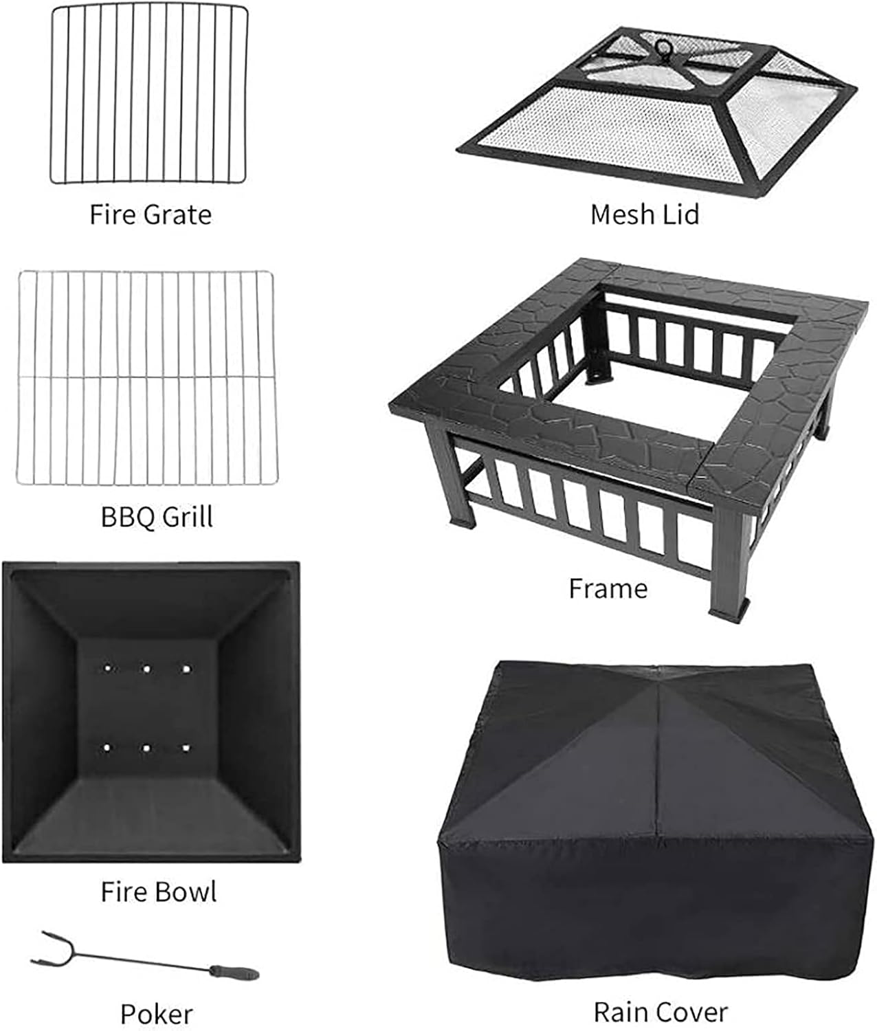 31.89 Inch Square Outdoor Fire Pit Table with Grill with Spark Screen,Waterproof Cover,Poker,for Camping Outdoor Heating Bonfire and Picnic