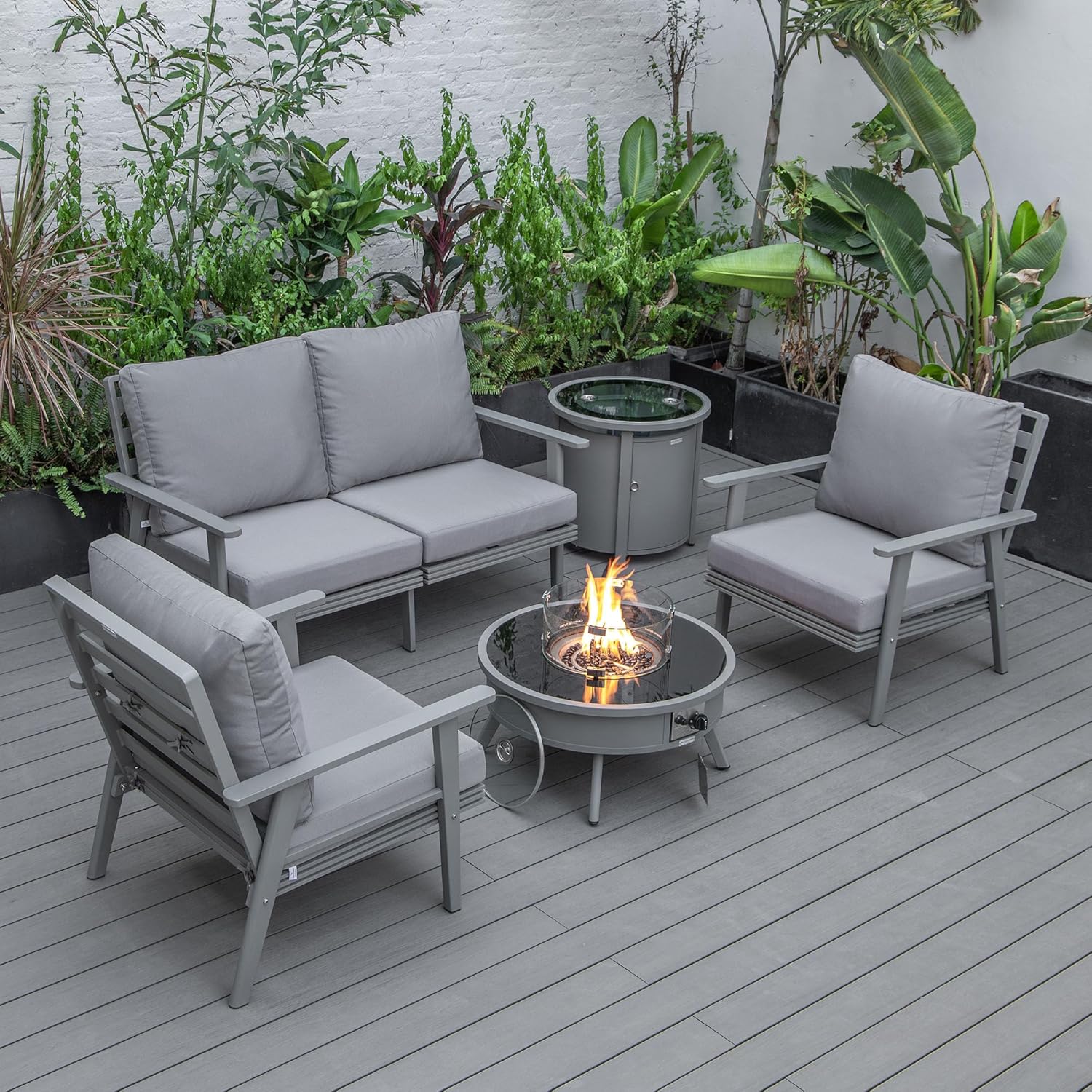 LeisureMod Walbrooke Modern Aluminum 5-Piece Patio Conversation Set with Outdoor Round Firepit Side Table Tank Holder, Grey