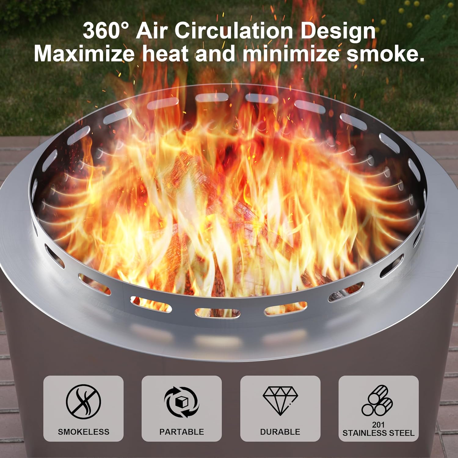 Kullavik 19 Inch Outdoor Smokeless Fire Pit, Portable Stainless Steel Firepit with Weather Resistant Cover,Wood Burning Fire Pit for Outside