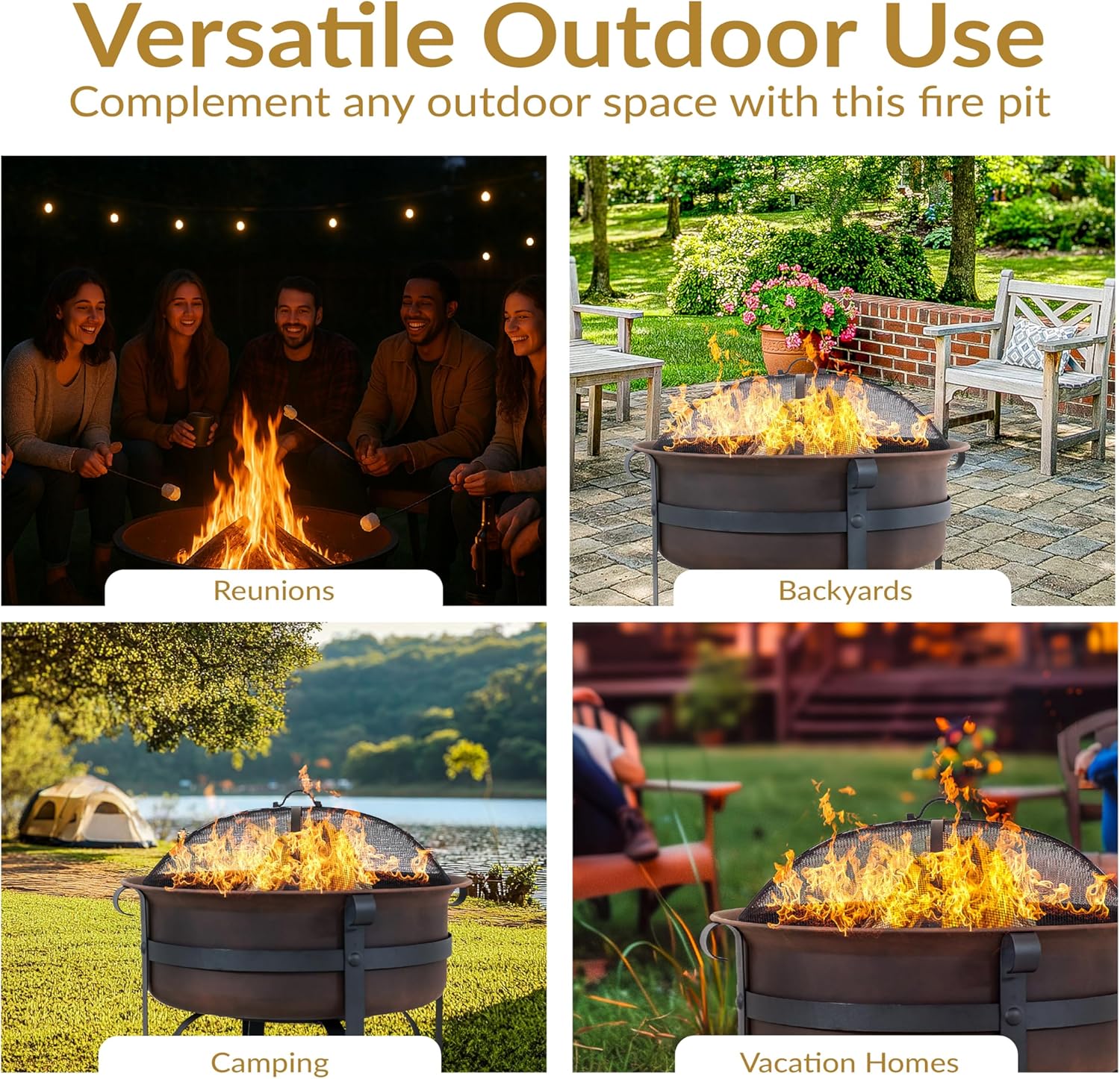 Sunnydaze 29-Inch Wood-Burning Outdoor Fire Pit - Bronze Cauldron Wood Fire Pit for Outside - Includes Poker and Spark Screen