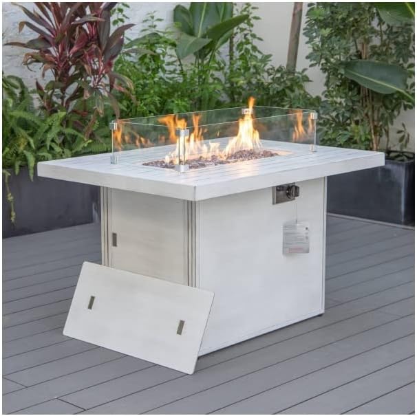 LeisureMod Chelsea Propane Fire Pit 44 Inch 55,000 BTU Auto-Ignition Gas Fire Pit Table with lid, Wind Guard and Decorative Stones Aluminum Frame (Weathered Grey)
