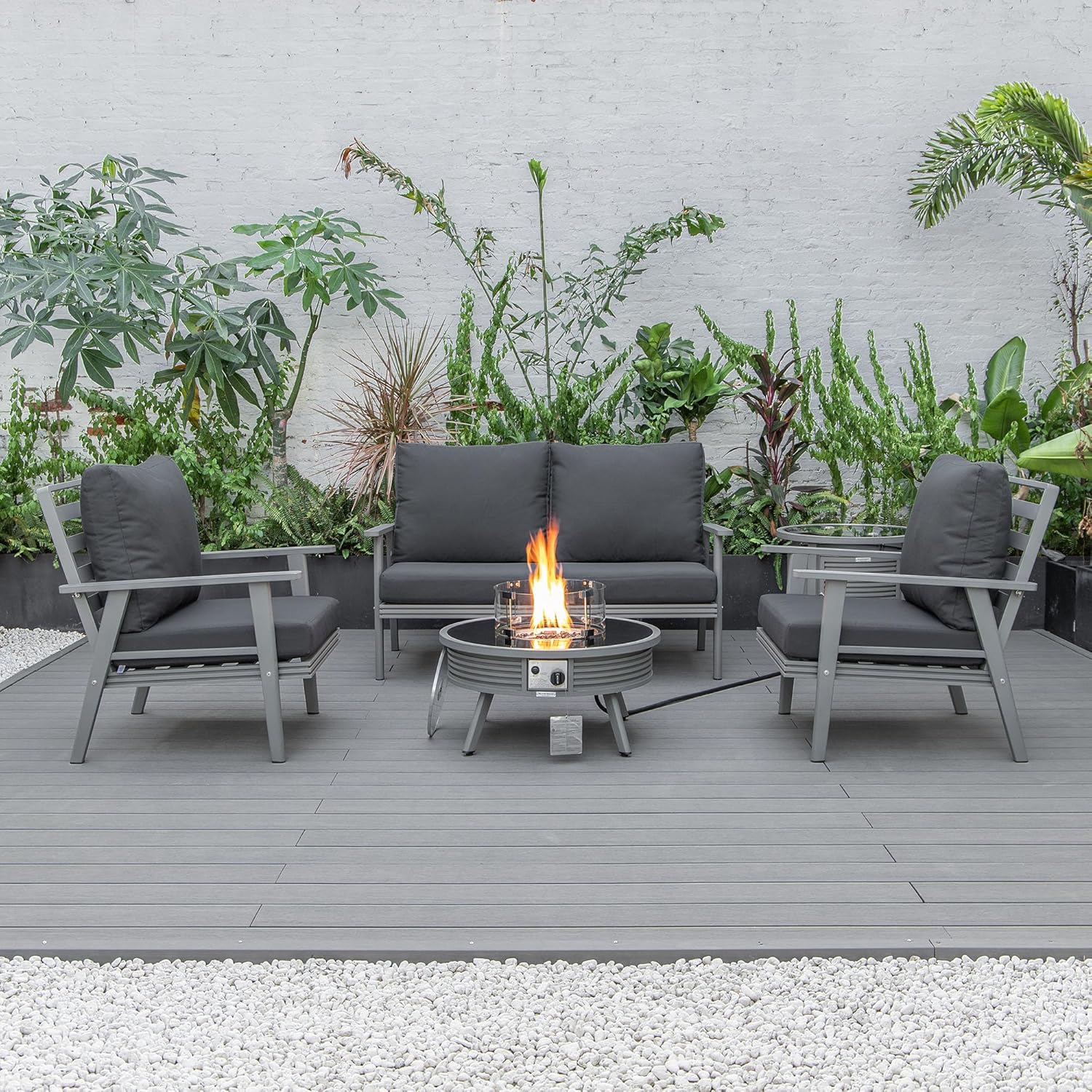 LeisureMod Walbrooke Modern Aluminum 5-Piece Patio Conversation Set with Outdoor Round Fire Pit Slats Design & Side Table Tank Holder, Charcoal