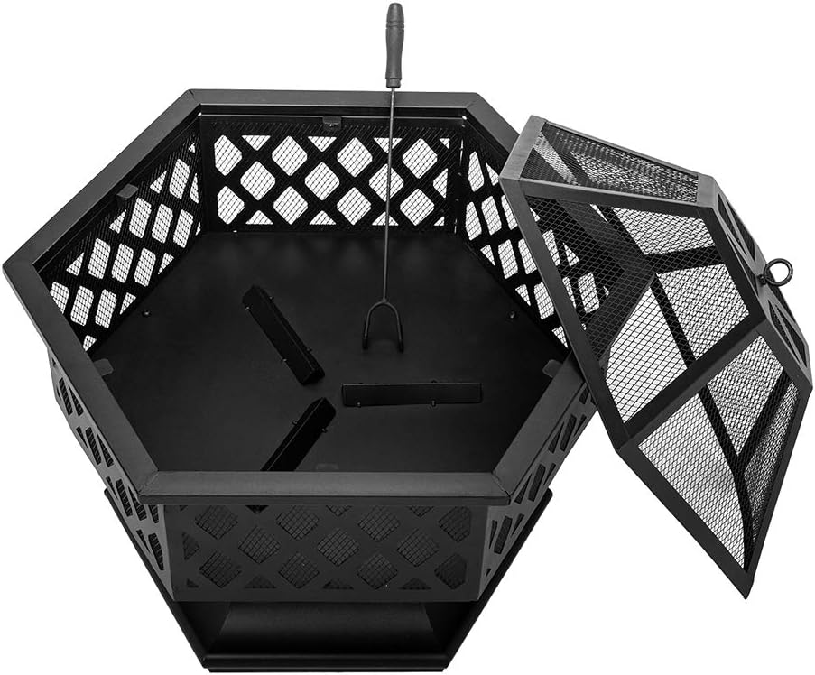 Outdoor Fire Pit Fireplace Portable Firepit Iron Brazier Wood Burning Coal Pit Fire Bowl Stove with Mesh Screen Lid Poker for Camping Patio Garden Backyard Beach Picnic (27.5