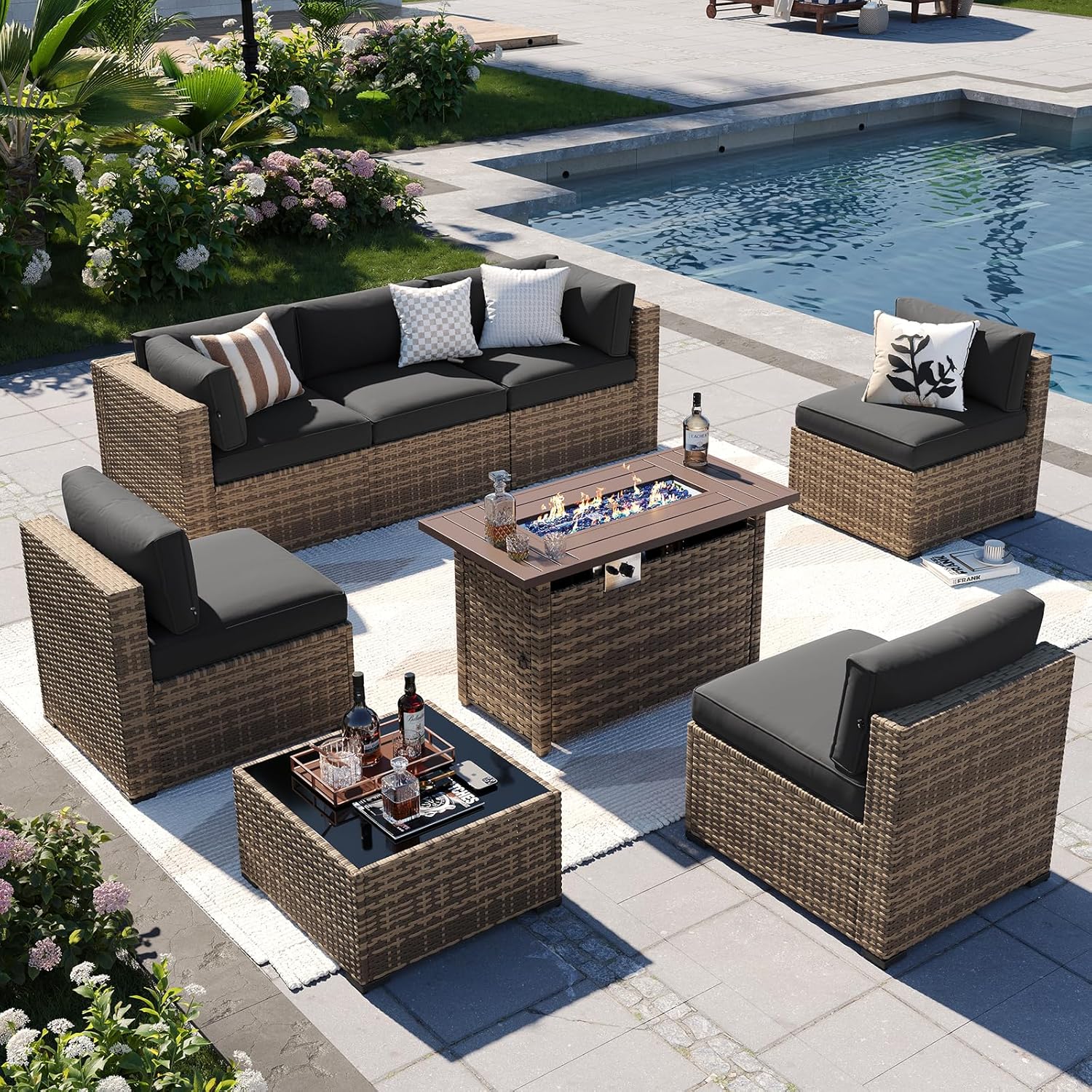 Aoxun Patio Furniture Sets, 8-Piece Outdoor Patio Furniture with 44'' Propane Gas Firepit Table, Wicker Outdoor Conversation Set Sectional Sofa for Backyard, Poolside, Garden (Black Cushion)