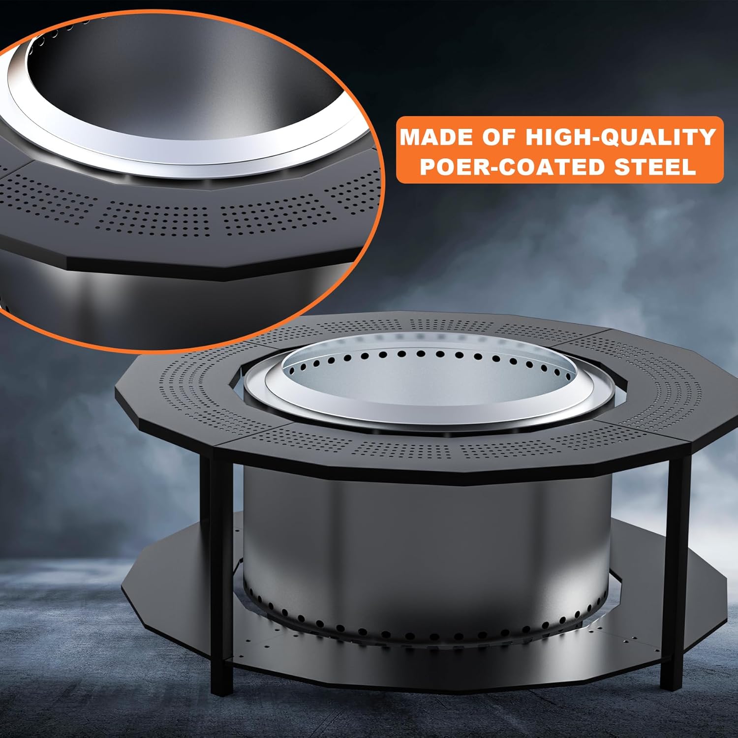 48'' Fire Pit Surround Tabletop with Cover for Solo Stove Bonfire Yukon and Tiki, Surround Table with Firewood Storage Shelf Expands Large Space