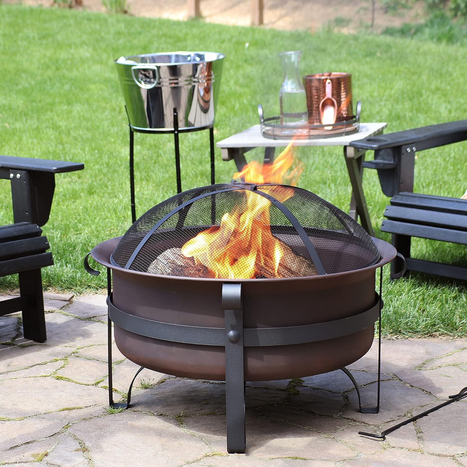 Sunnydaze 29-Inch Wood-Burning Outdoor Fire Pit - Bronze Cauldron Wood Fire Pit for Outside - Includes Poker and Spark Screen