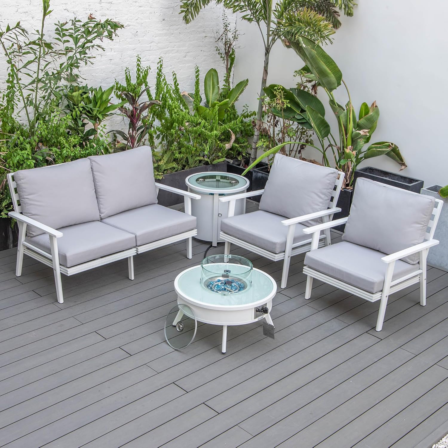 LeisureMod Walbrooke Modern Aluminum 5-Piece Patio Conversation Set with Outdoor Round Firepit Table & Side Table Tank Holder (Light Grey)