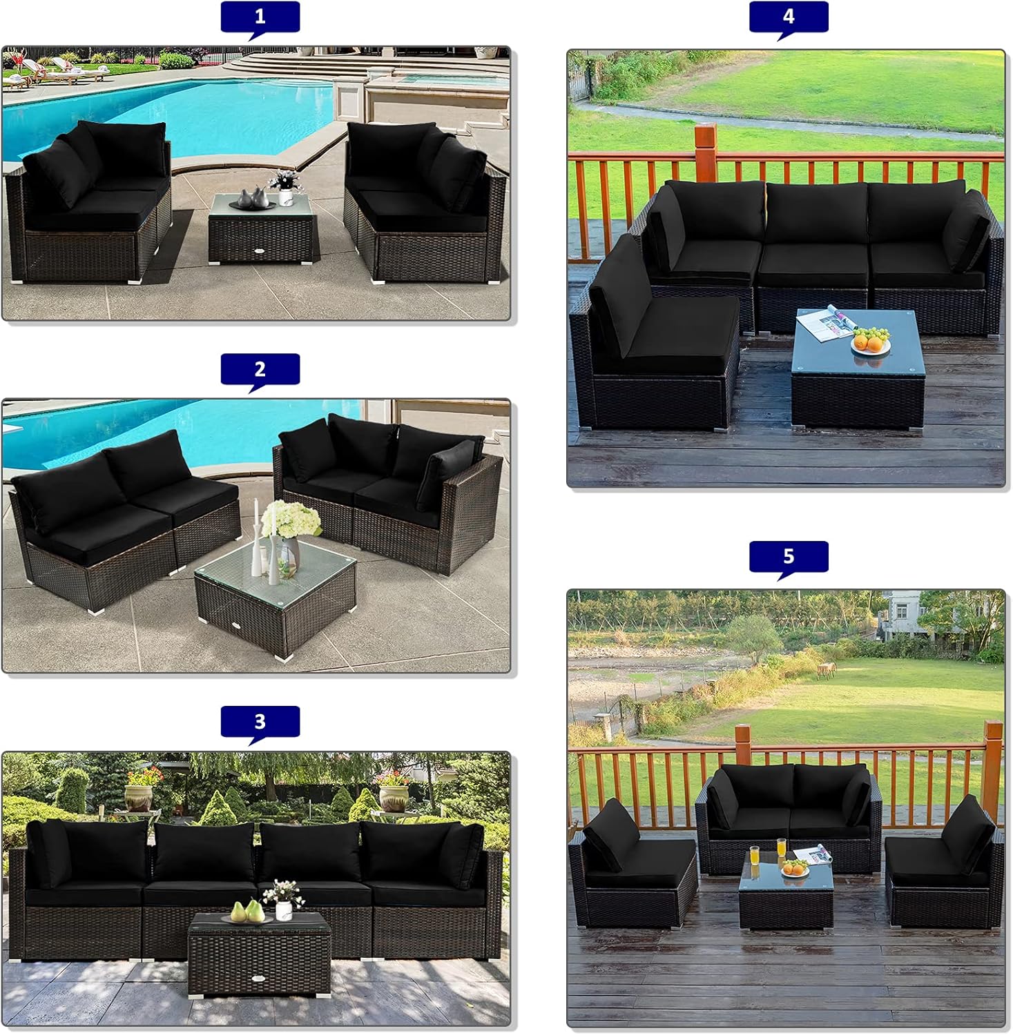 COSTWAY 6 Piece Patio Furniture Set with 30'' Fire Pit Table, Outdoor Wicker Rattan Sectional Conversation Set with 4'' Thickened Cushions, Armless Sofa and Side Coffee Table (Black)