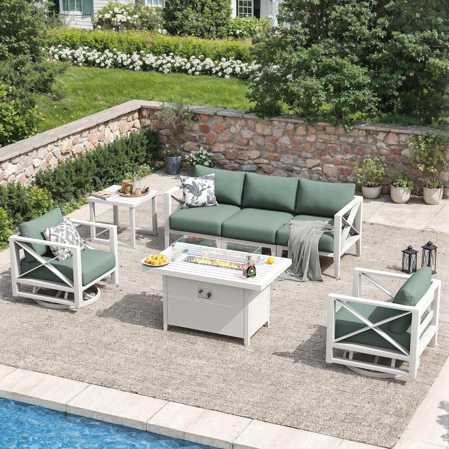 Aluminum Patio Furniture Set with Oversized Fire Pit Table, 7-Piece All-Weather Outdoor Conversation Set with Swivel Rocking Chairs, Oversized Modern Sofa for Backyard,Deck,Balcony–White