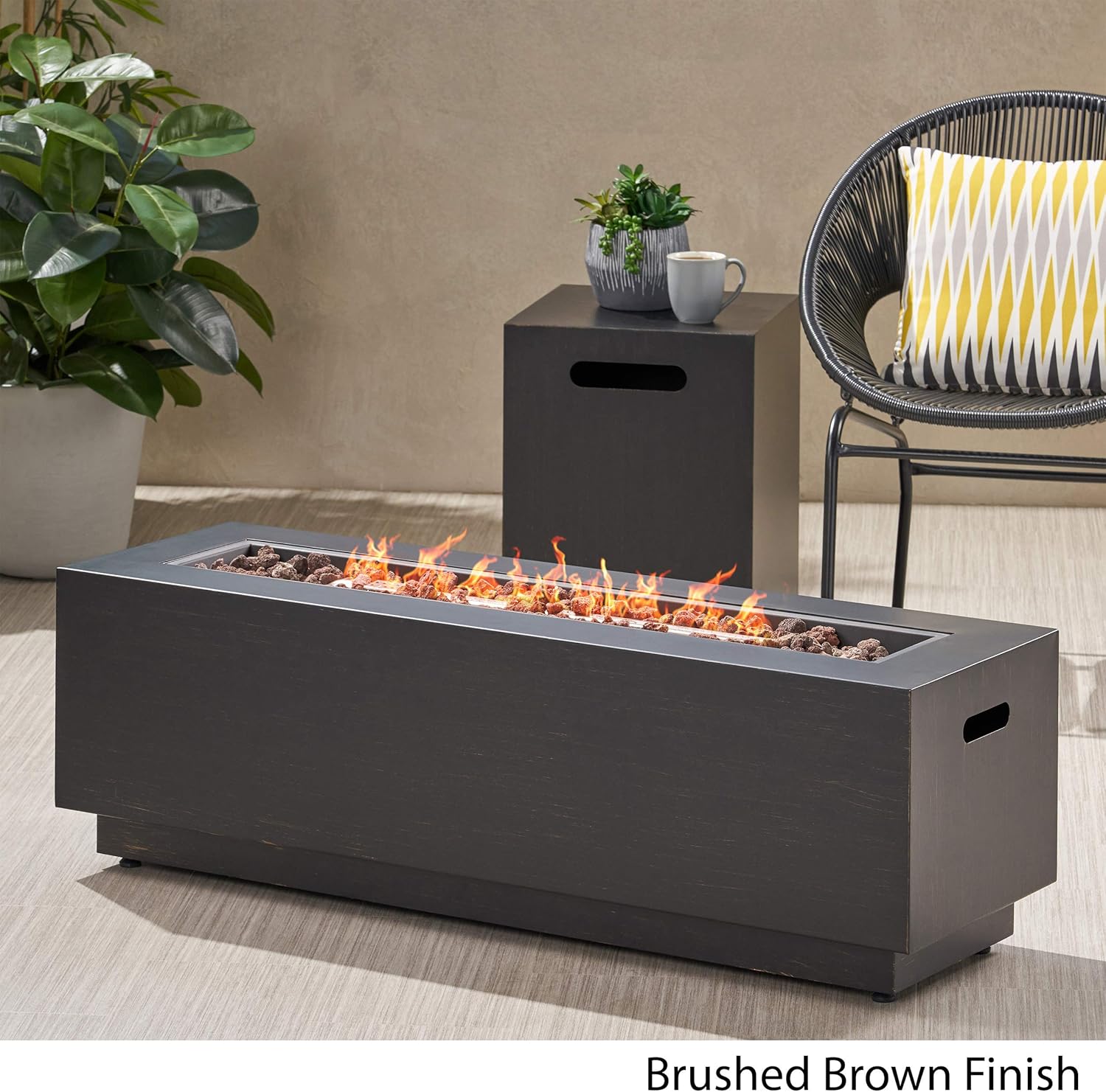 GDFStudio Outdoor Rectangular Fire Pit with Tank Holder, Brushed Brown