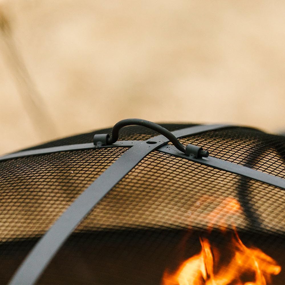 Ash & Ember 32in Hemisphere Fire Pit with Screen and Poker, Cast Iron High-Temperature Black Paint Fire Bowl, Wood Burning Backyard Fireplace, Portable Outdoor Firepit