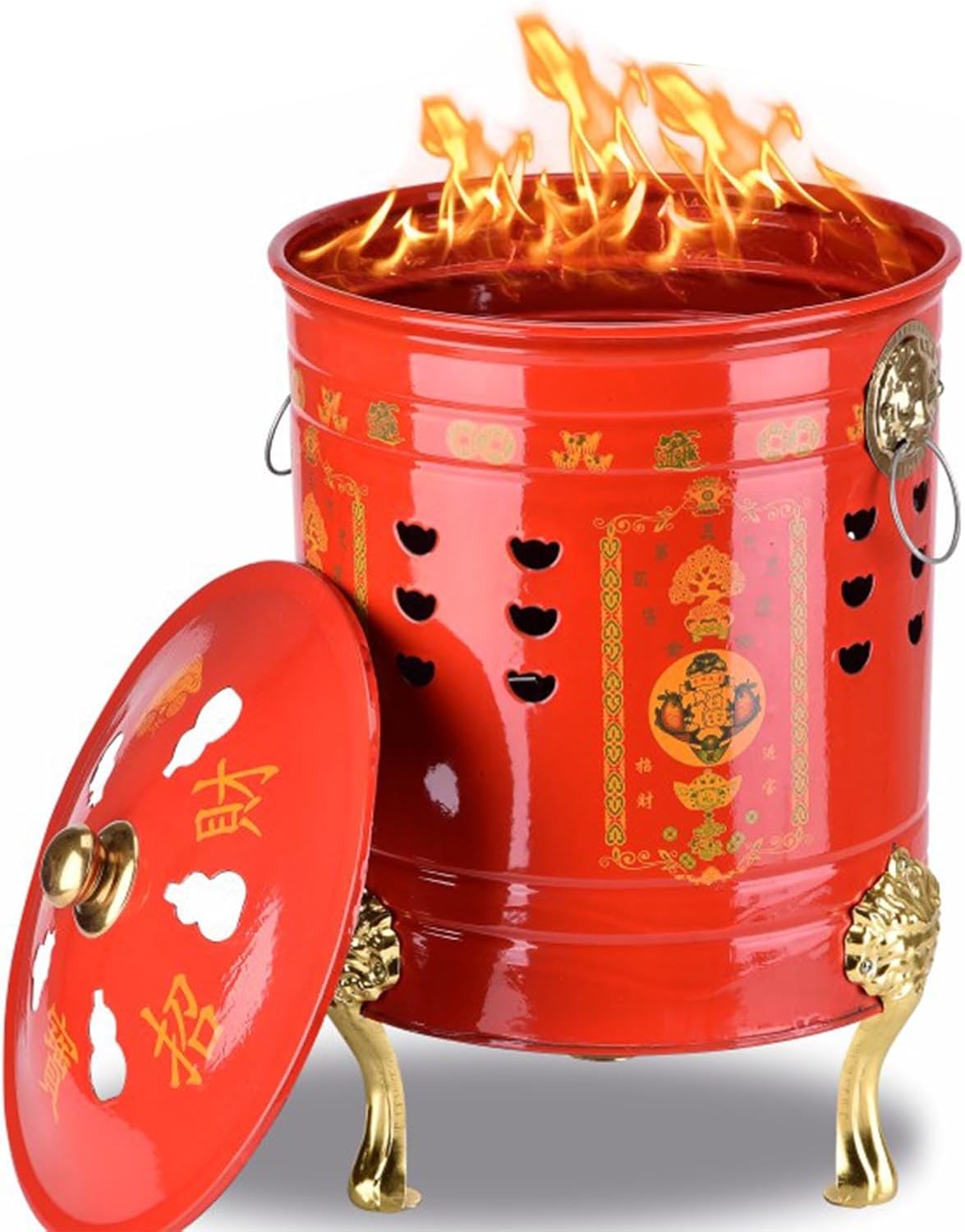 Enamel Burn Barrel Incinerator Can with fire Tongs - Efficient Garden Incinerator Metal Garden Fire Pit Cage Yard Debris Furnace Burning Bin Bucket for Waste Garden Leaf Wood Bonfire(33x54cm)