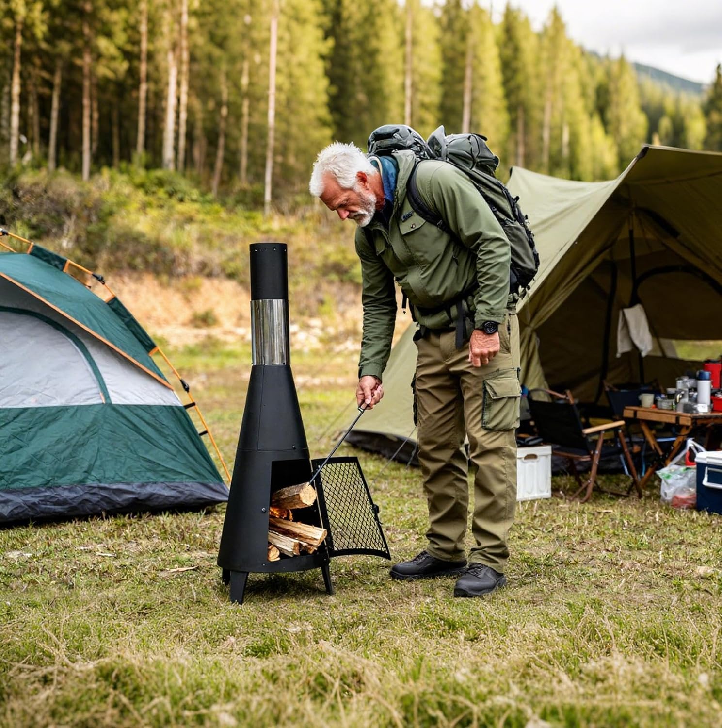 Chiminea Outdoor Fireplace, Portable Fireplace Chimenea with Mat and Poker. Wood Burning Fire Pit for Patio Garden Camping Heating and Ambiance