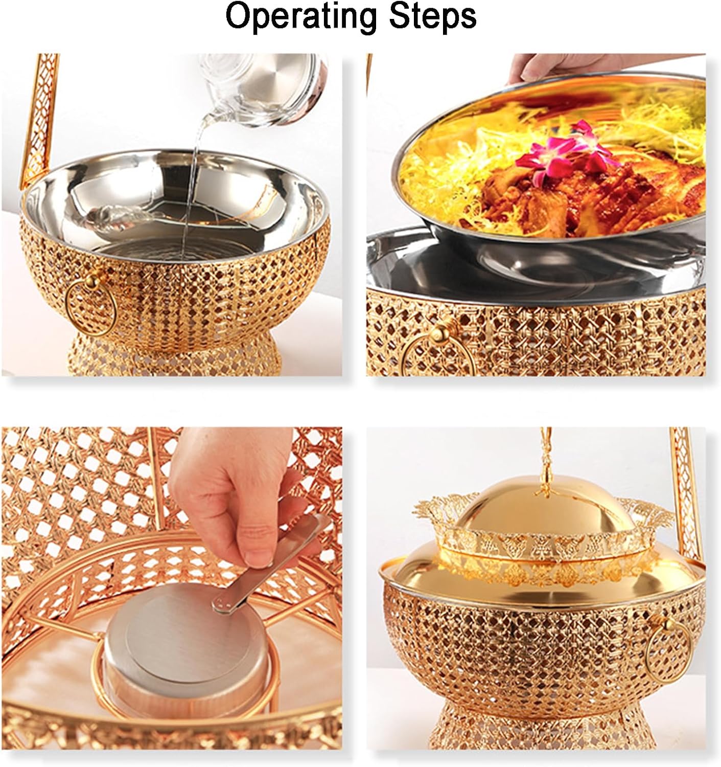 Chafing Dishes for Buffet, 8L Round Stainless Steel Food Warmers Pan with Hanging Lids, for Heating and Cooling, Parties Buffet Catering Events Dinners