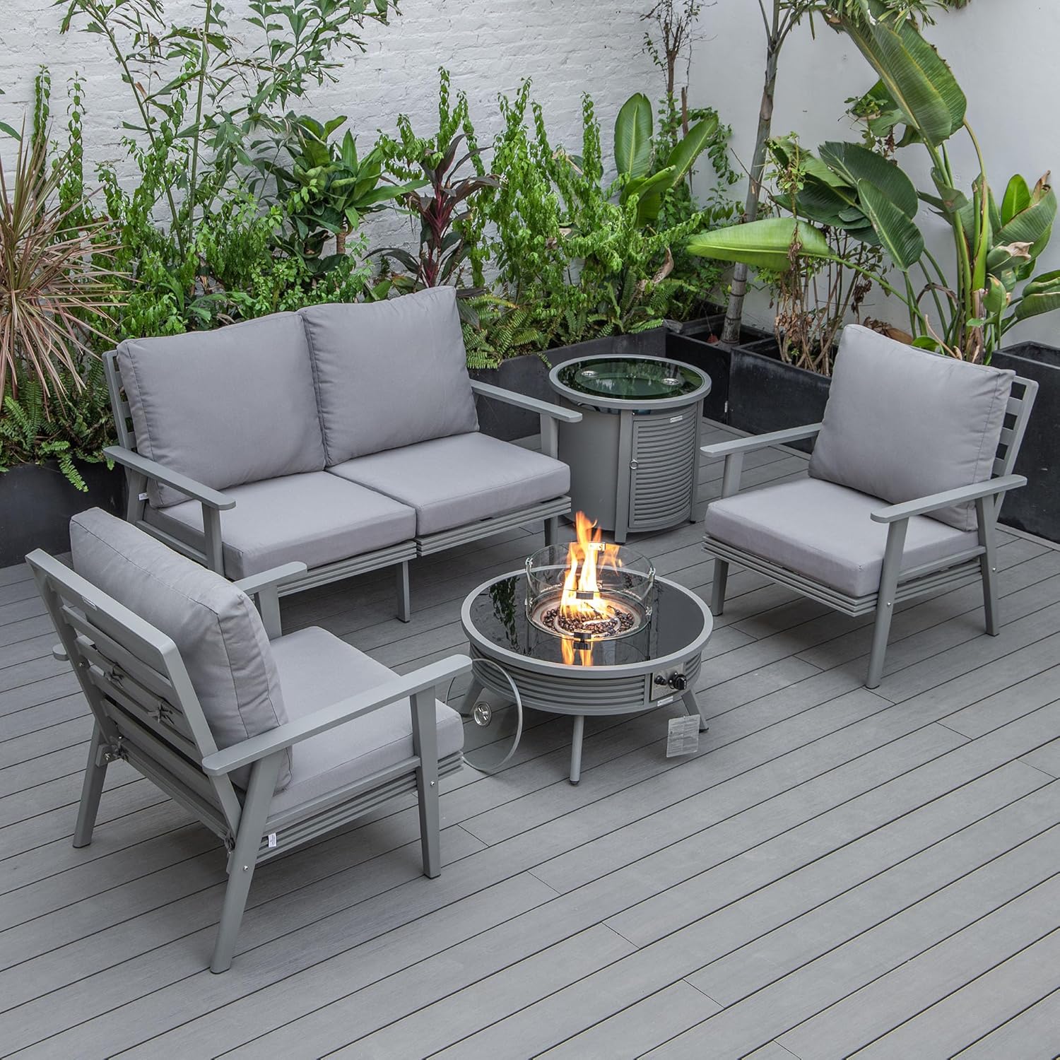LeisureMod Walbrooke Modern Aluminum 5-Piece Patio Conversation Set with Outdoor Round Fire Pit Slats Design & Side Table Tank Holder, Grey