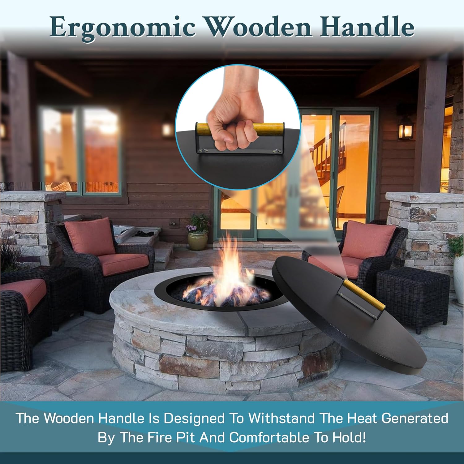 30” Round Fire Pit Lid – Powder Coated fire pit cover round metal for Outdoor Fireplace -16 Gauge Steel Flat Fire Pit Burner Pan Cover with Wooden Handle Snuffer Lid for Round Patio Fire Pit Ring