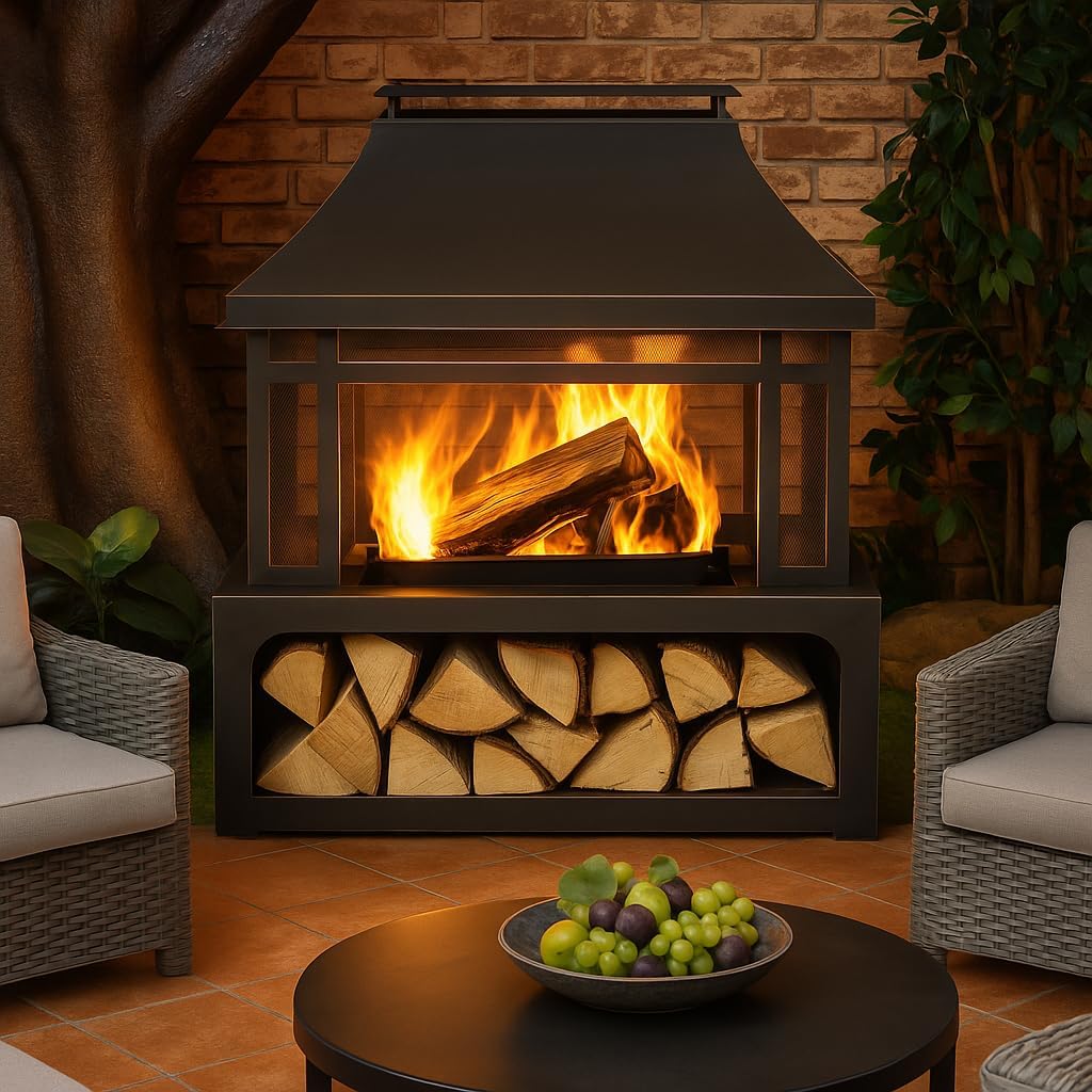 Outdoor Wood Burning Fireplace with Wood Storage and Removable Fire Grill - 40 Inch Large Metal Wicker Base Fire Pit for Patio Garden Deck Backyard, Black