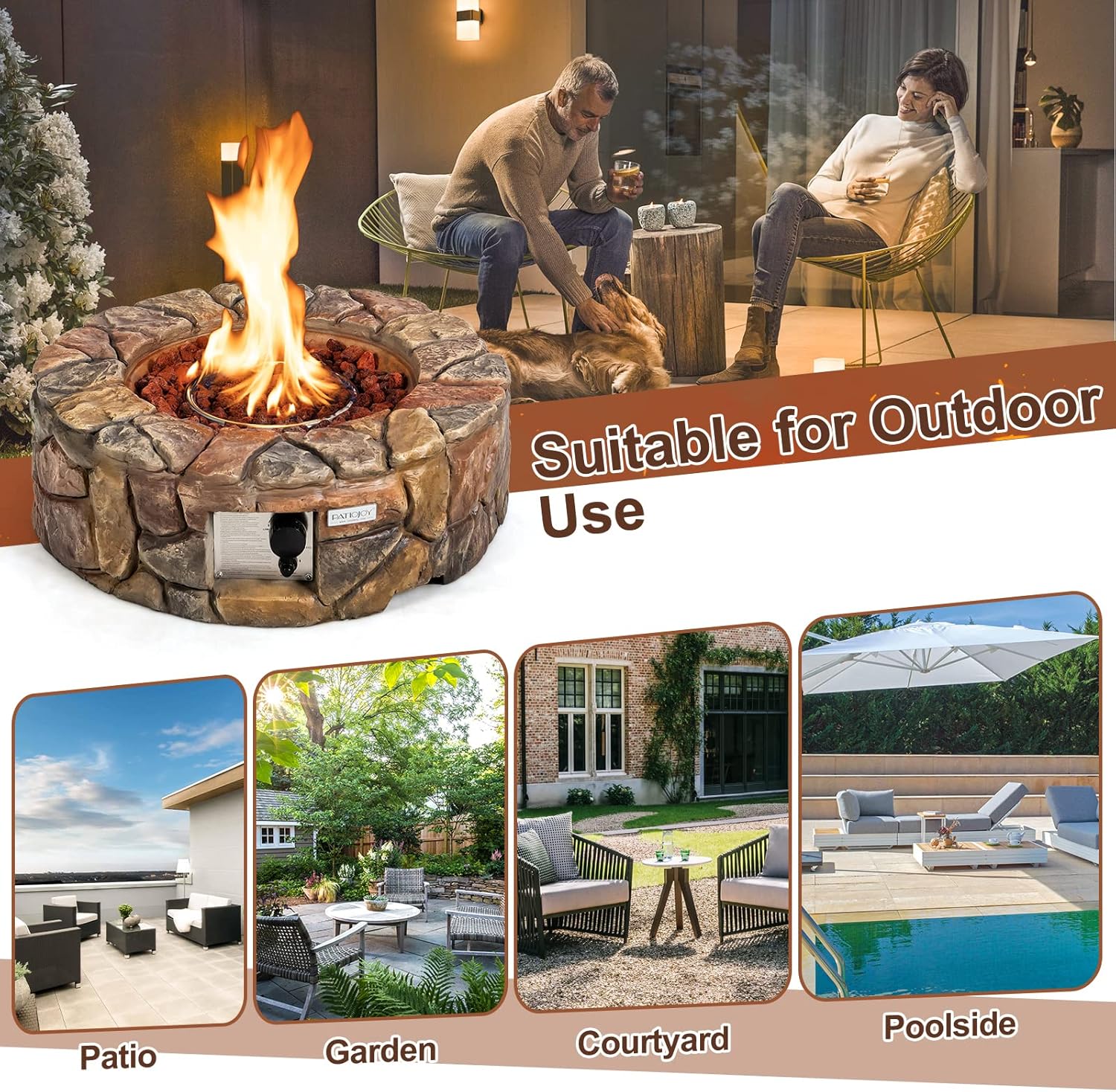S AFSTAR Propane 40,000 BTU Gas Fire Pit Stone, Outdoor Gas Burner w/Electronic Ignition Lava Rocks, Weather-Resistant Pit Cover, Ideal for Patio Garden Backyard Deck, Gas Fire Pit Table (Brown)