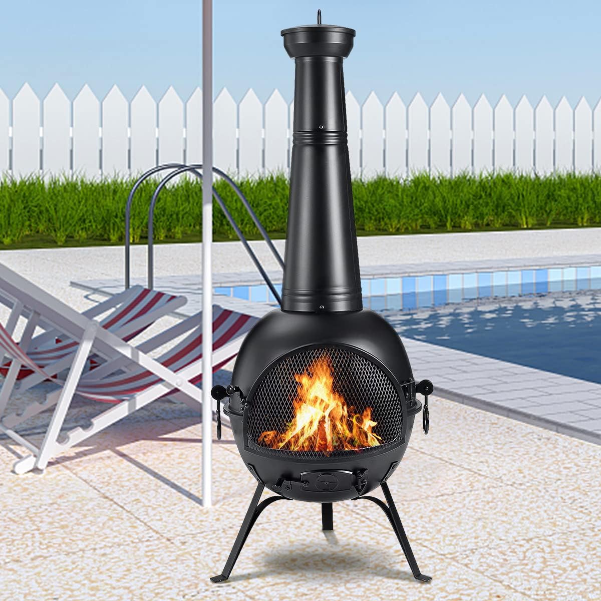 SINGLYFIRE Prairie Fire Outdoor Chiminea Fireplace Deck or Patio Backyard Wooden Fire Pit with Chiminea Cover Rust-Free Iron Black