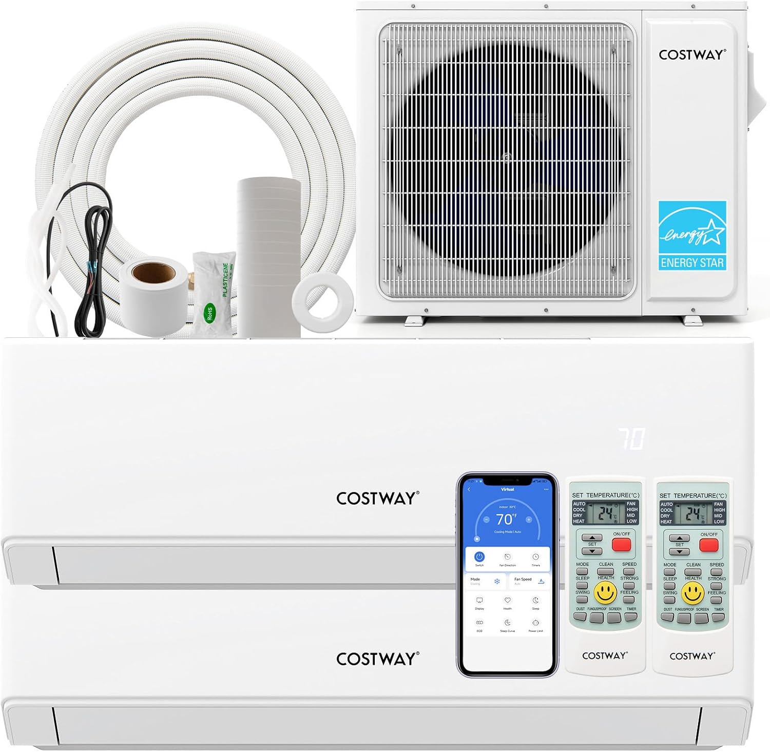 COSTWAY 18k Dual 2 Zone Mini Split Air Conditioner, 22 SEER2 7000 BTU+ 7000 BTU, 208-230V, Wifi Enabled Multi Zones Mini Split AC Heat Pump Full Set, Ductless Energy Star
