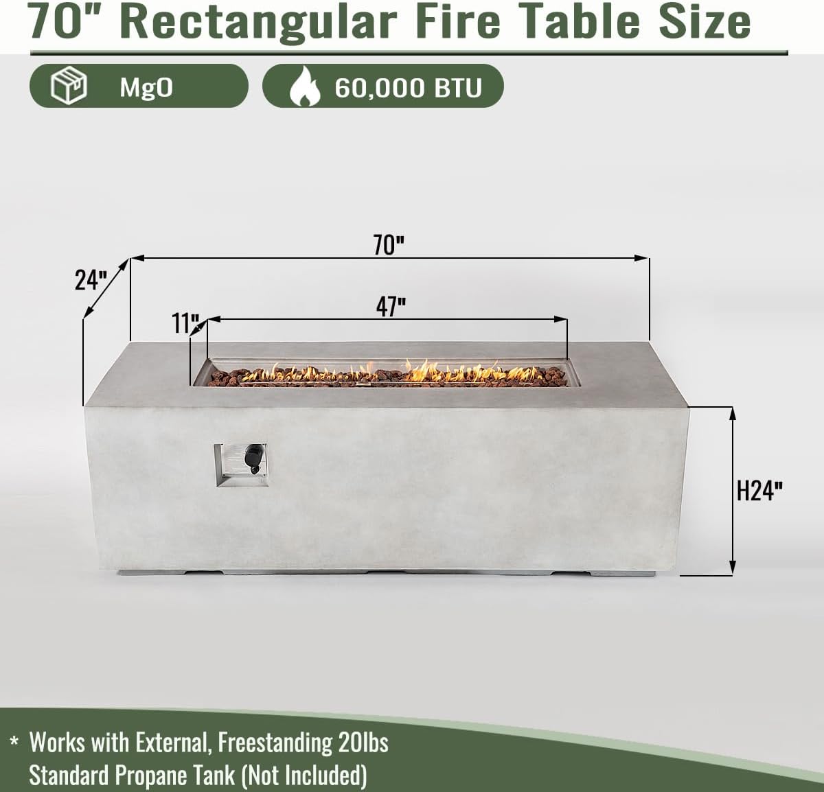 70 Inch Propane Fire Pit Table, Concrete Firepits for Outside, Rectangular Gas Fire Pit for Outside Patio, Backyard, Pool, 60,000 BTU, Free Lava Rocks, Light Gray
