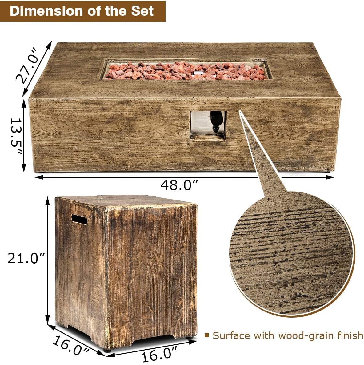 Topment 48-Inch Propane Fire Pit Set, 50,000 BTU Rectangular Gas Fire Pit Table with Lava Rocks, Waterproof Cover, Patio Rustic Outdoor Fireplace with Adjustable Flame, Propane Tank Holder Included