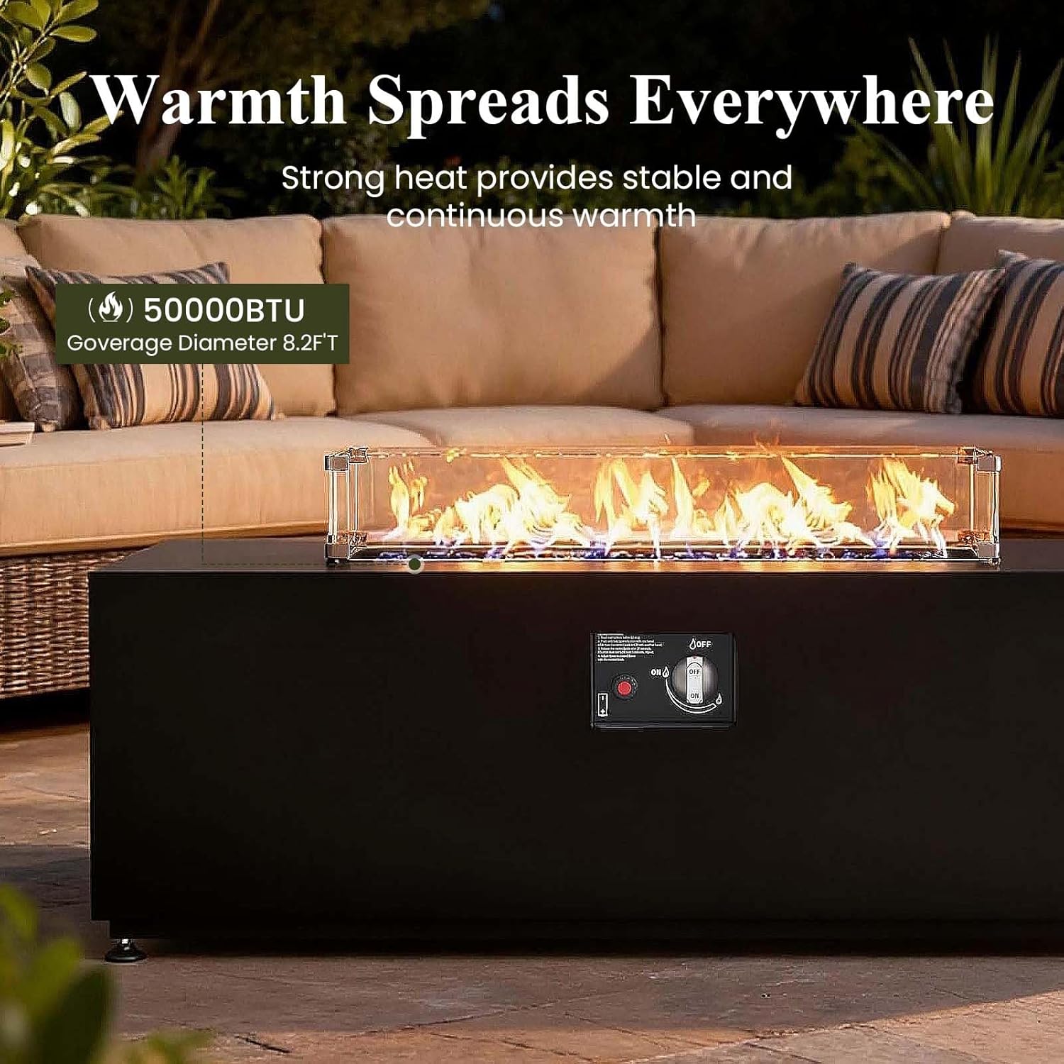 LayinSun 42 Inch Outdoor Fire Pit Table for Outside Patio, 55000BTU Rectangle Propane Firepit with Hidden Fuel Tank, Glass Wind Guard, Waterproof Cover and Lid