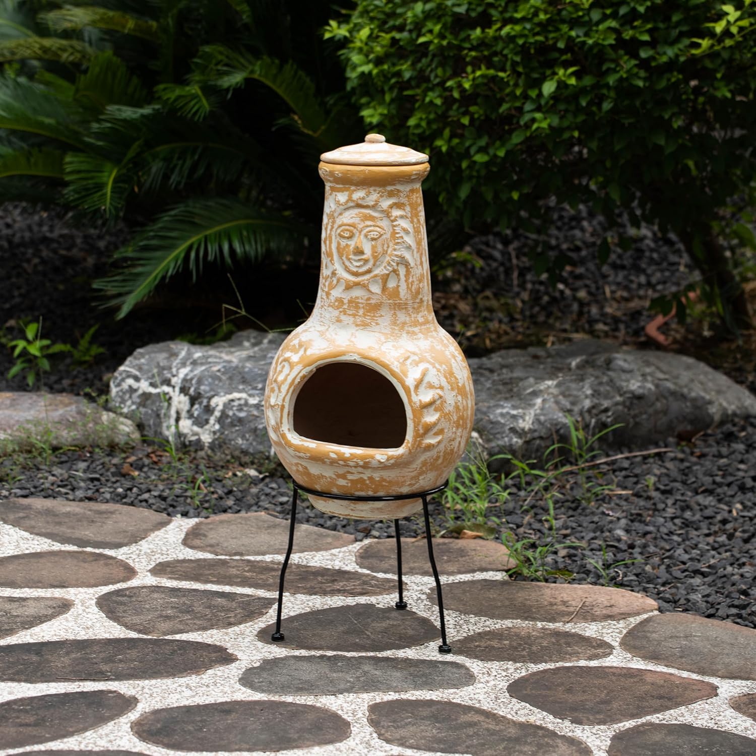 Outdoor Clay Chiminea Fireplace Sun Design Wood Burning Fire Pit with Sturdy Metal Stand, Barbecue, Cocktail Party, Cozy Nights Fire Pit (Beige)