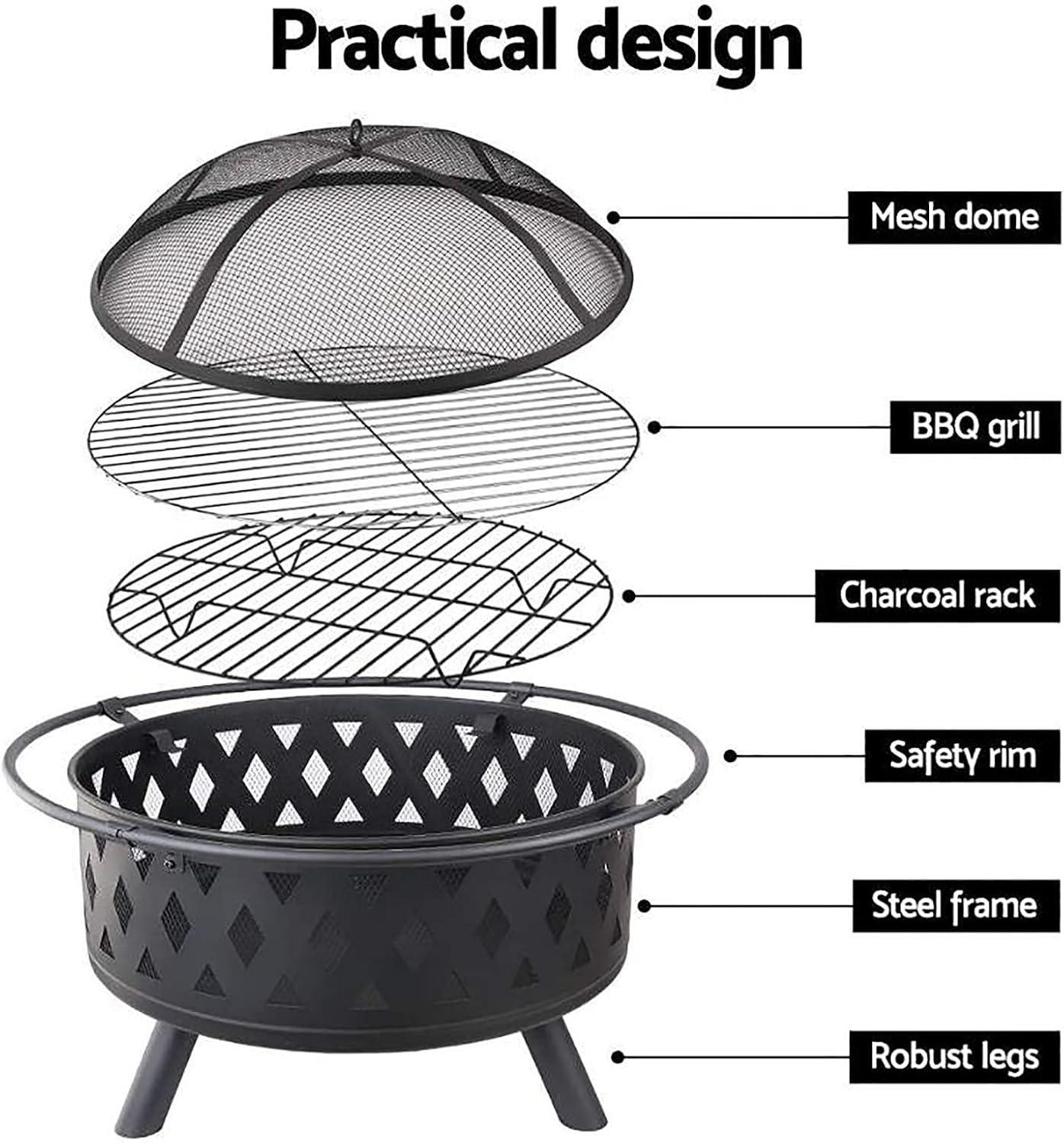 Backyard Patio Garden Stove Wood Burning BBQ Fire Pit with Spark Screen Cover,Poker,Fire Pit Cover,Grill for Campfire Bonfire,Square Lingge