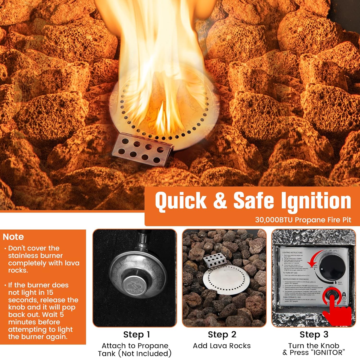 Tangkula 48 Inch Tall Patio Propane Fire Pit Tower, Patiojoy Outdoor Propane Fire Bowl Column with Stainless Steel Burner, Protective Cover & Lava Rocks, 30,000 BTU Gas Fire Pit for Garden, Patio