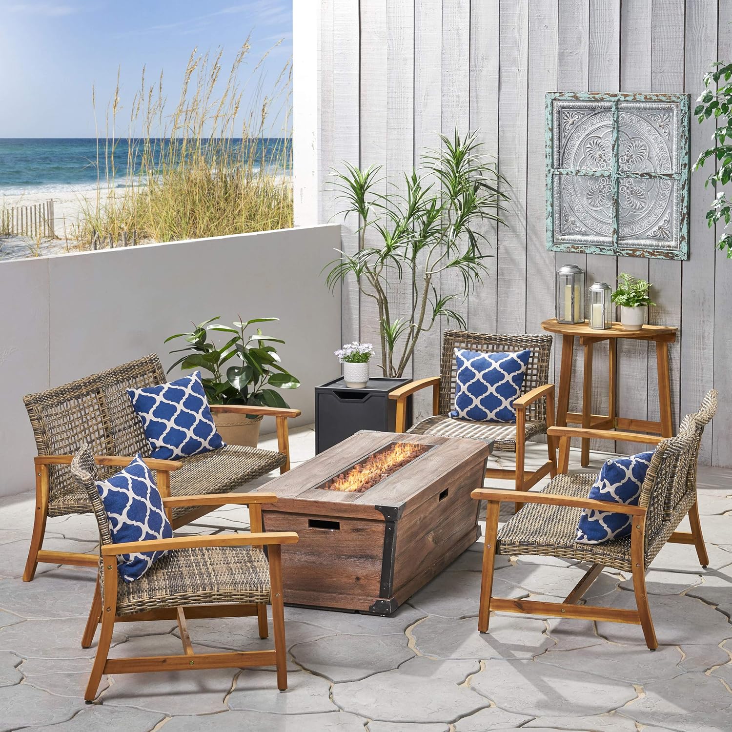 GDFStudio Outdoor 4 Piece Wood and Wicker Chat Set with Fire Pit, Natural with Gray and Brown