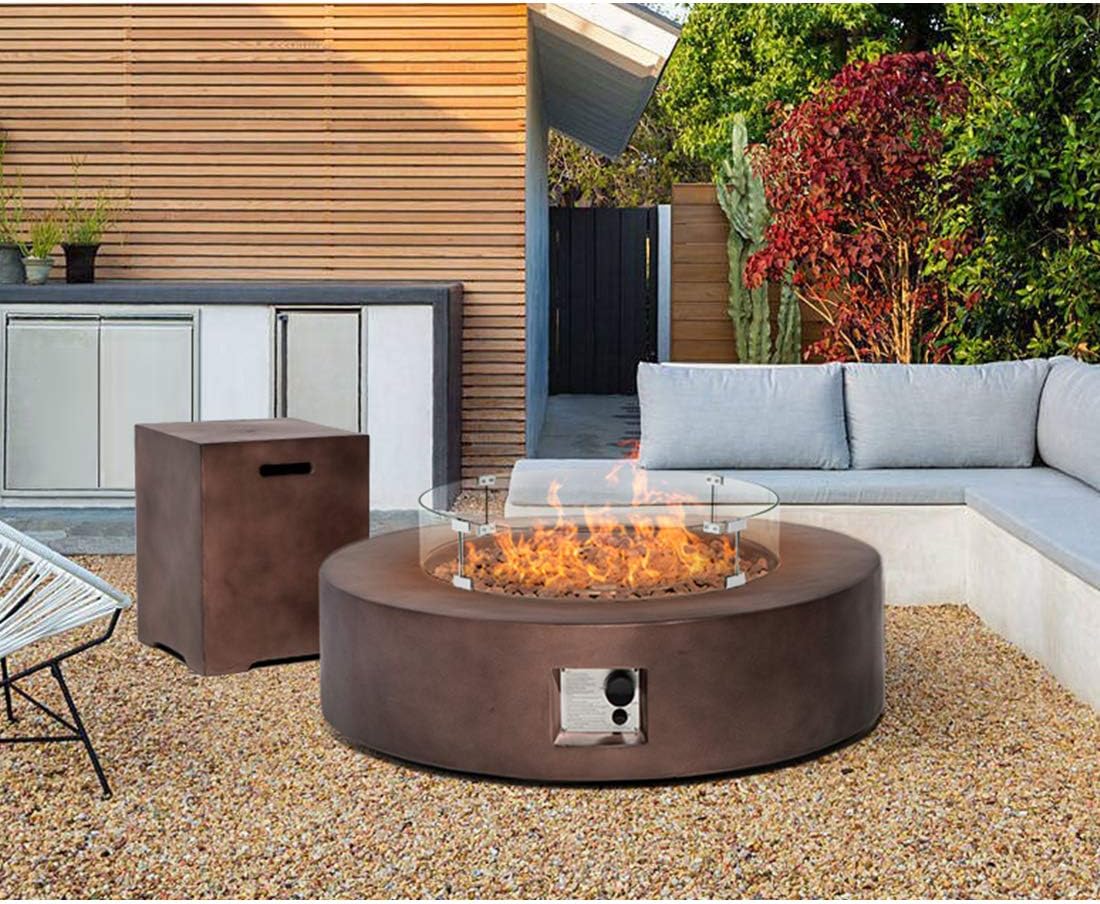 HOMPUS Outdoor Propane Fire Pit Table 42-inch 50,000 BTU Round Bronze Concrete Gas Fire Table w Tank Cover,Wind Guard,Lava Rocks,Rain Cover Smokeless FirePit for Outside Patio,Garden,Deck,Backyard