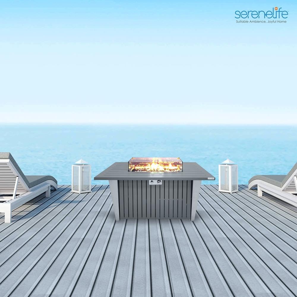 SereneLife Outdoor Propane Fire Pit Table - CSA/ETL Certified 50,000 BTU Pulse Ignition Weatherproof Rectangle Propane Gas Fire Table w/Adjustable Flame - Glass Rocks Wind Guard, Black SLFPSX55