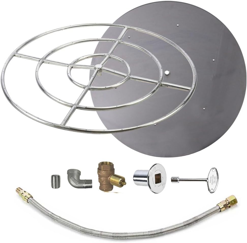 HPC Match Lit Fire Pit Burner Kit (FPS48HCKIT-PAN-NG-MSCB), Round, 48-Inch Burner, 54-Inch Flat Pan, Natural Gas, Polished Chrome, with Flange, Key, Valve, Flex Line and Fittings