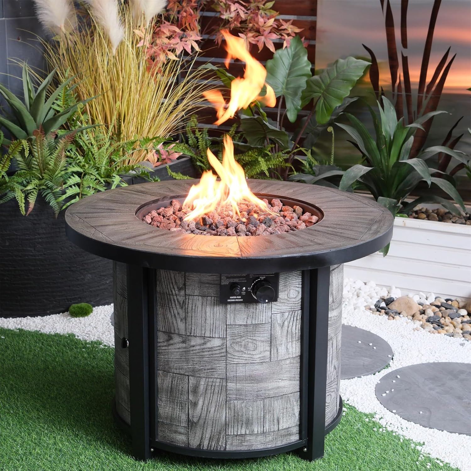 Penau Outdoor Propane Fire Pit, Square Gas Fire Pit Table 50,000 BTU, Concrete Fire Table with Lava Rocks & Waterproof Cover