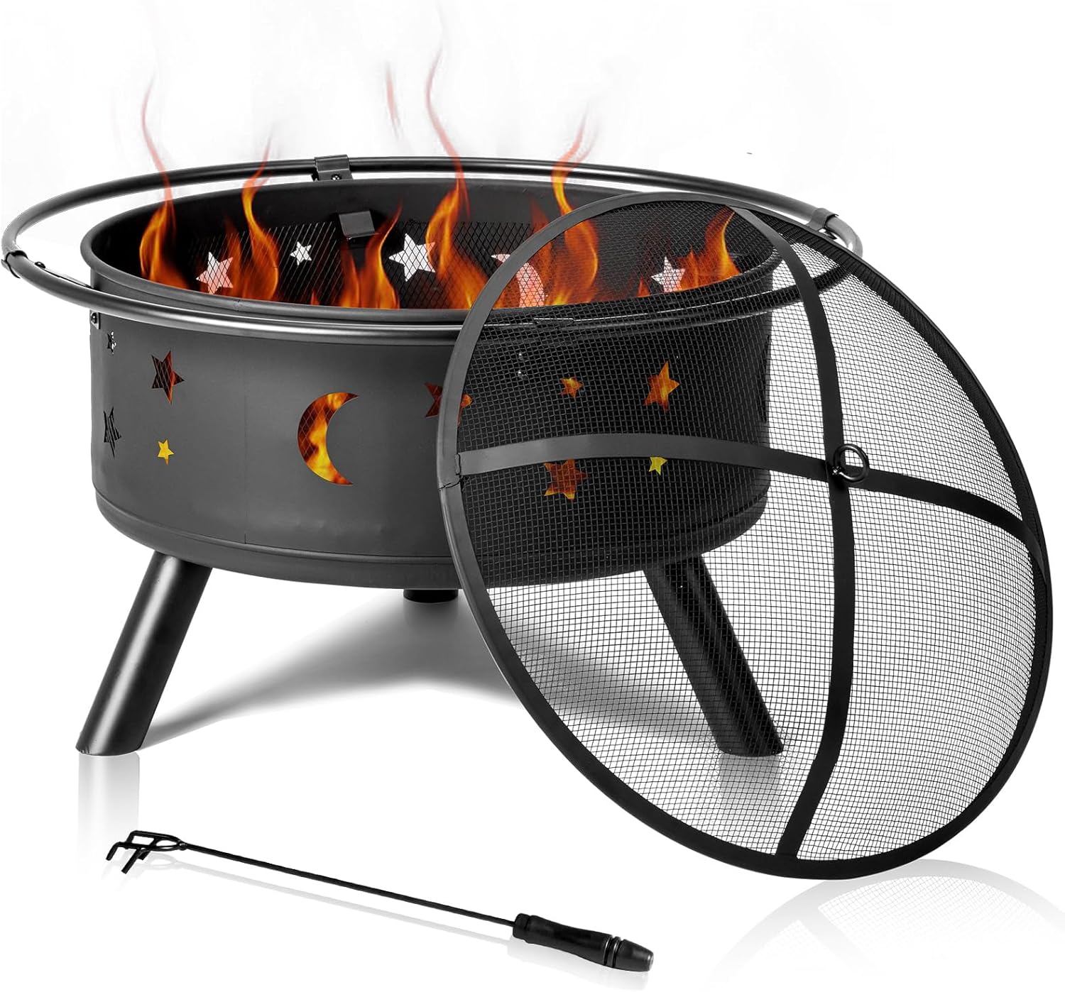 Round Fire Pit with Mesh Cover & Fire Poker, 30in Fire Pit for Outside Outdoor Fireplace, Star and Moon Design, Metal Wood Burning Outdoor Firepit Perfect for Christmas, Thanksgiving