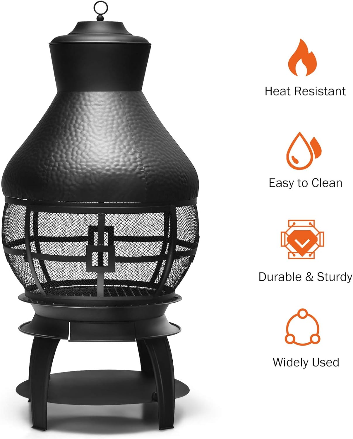 Giantex Wood Burning Chiminea, Heavy Duty Fireplace Chiminea Wooden Fire Pit with 2-Piece Log Grate, Premium Rain Cap & Fire Poker, 360°Fire Retardant Mesh Cover, Ideal for Garden, Patio, Backyard