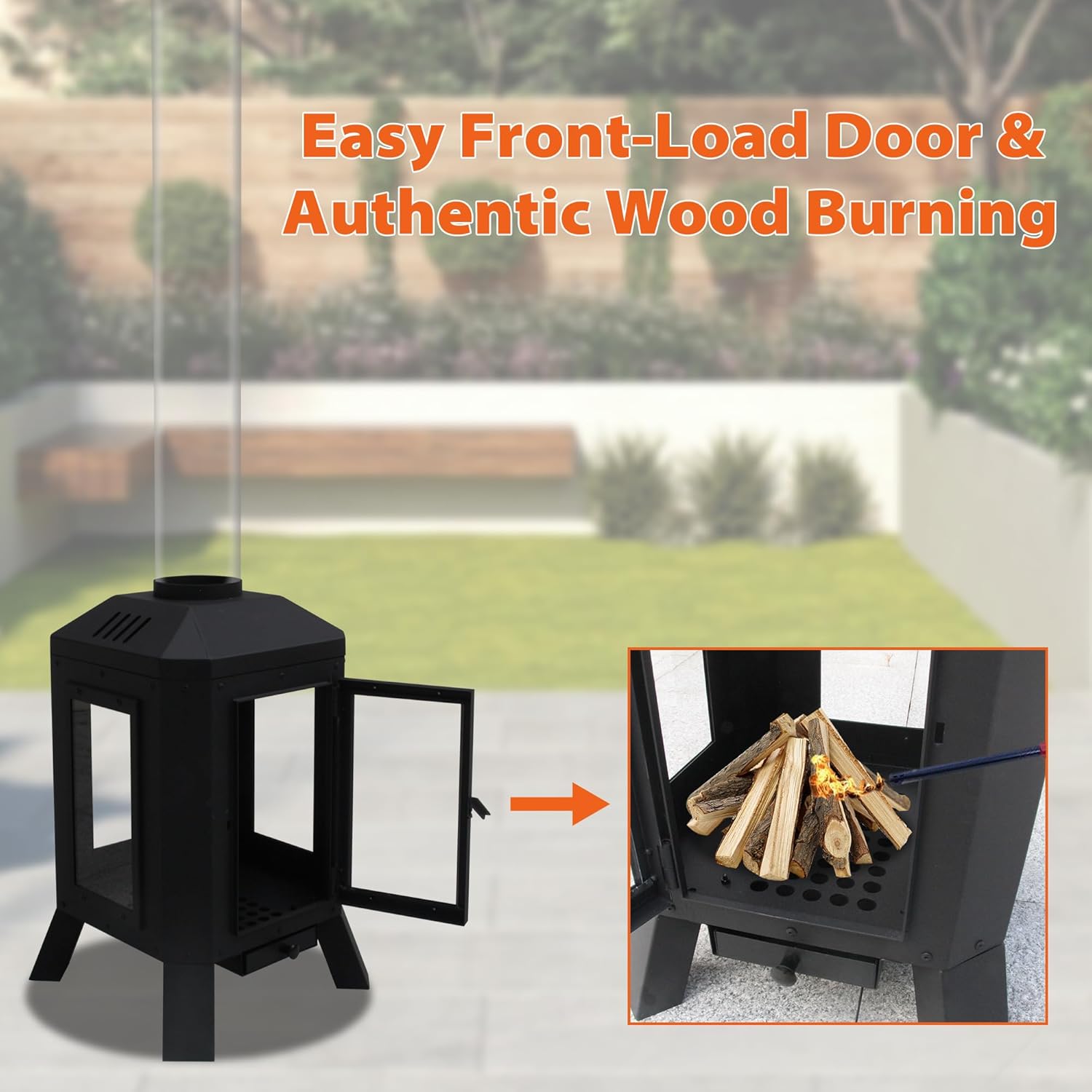 Wood Burning Patio Heater with Glass Viewing Window, Glass Tube, Fire Pits for Outside Wood Burning, Outdoor Fire Pit for Backyard, Patio