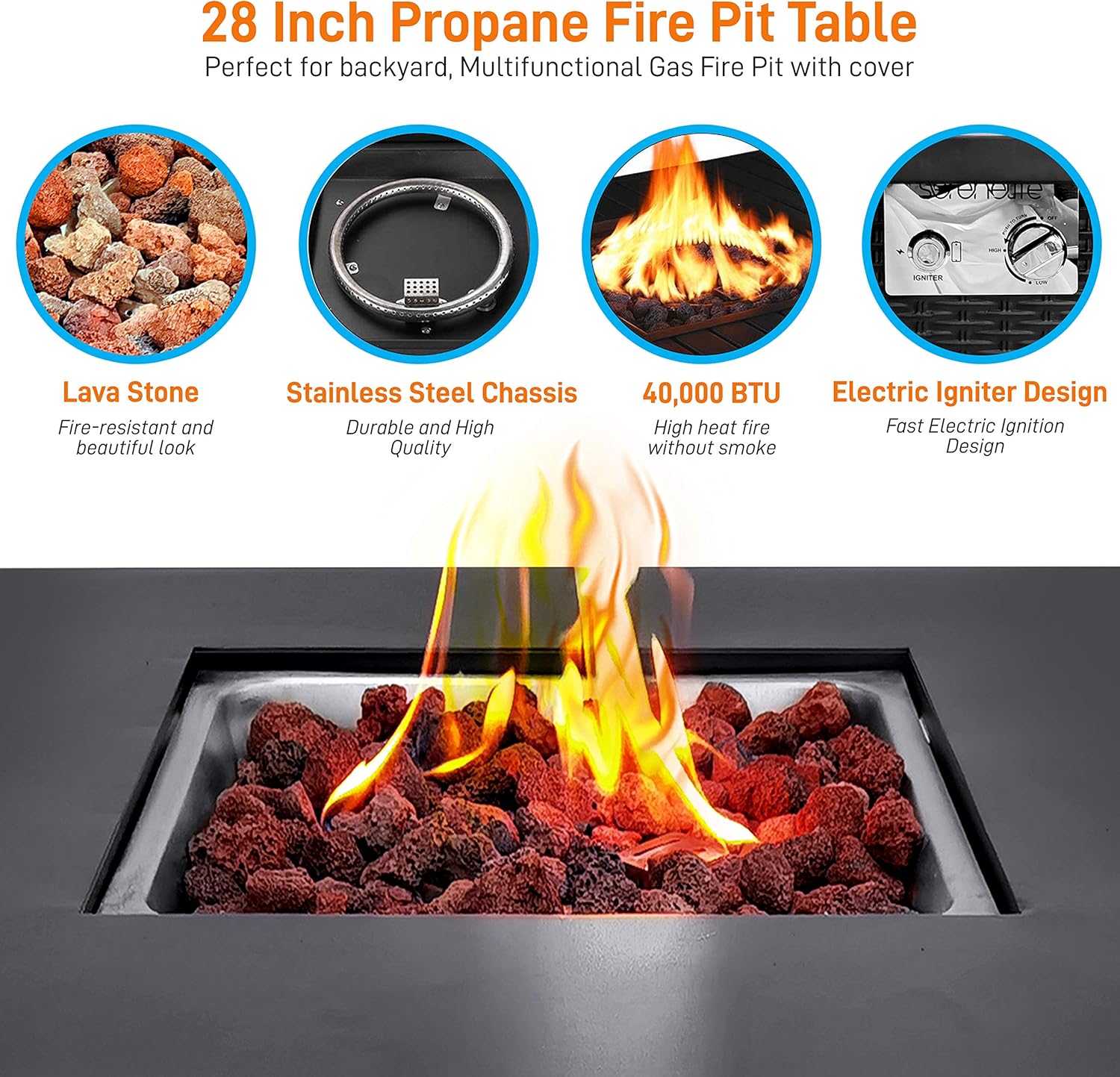 SereneLife Outdoor Propane Fire Pit Table - 40,000 BTU Square Gas Fire Table with Steel Top, Rattan-Style Panels, 6.6 lbs Lava Rock Set, Pulse Ignition for Patio & Backyard Heating, 28 x 28 x 24 in