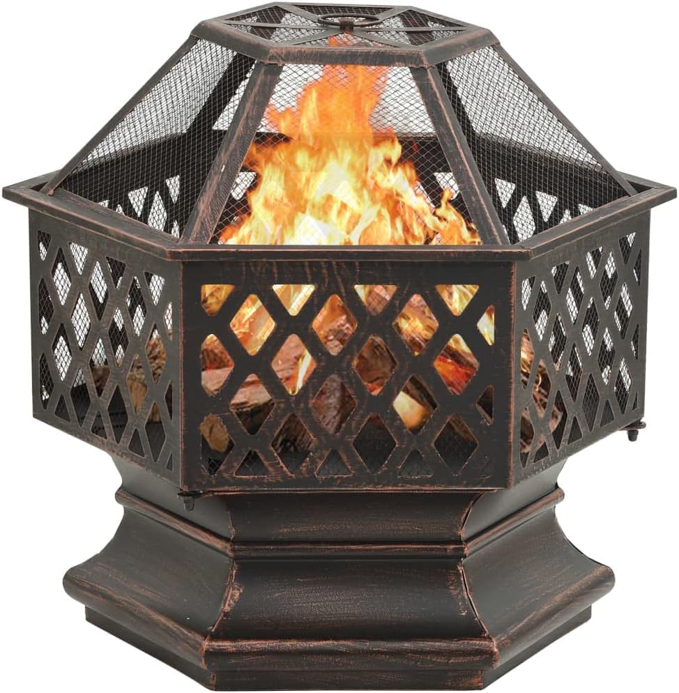 Outdoor Rustic Steel Fire Pit, Fire Bowl Fireplaces with Mesh Screen and Poker for Patio Bonfire Wood Burning