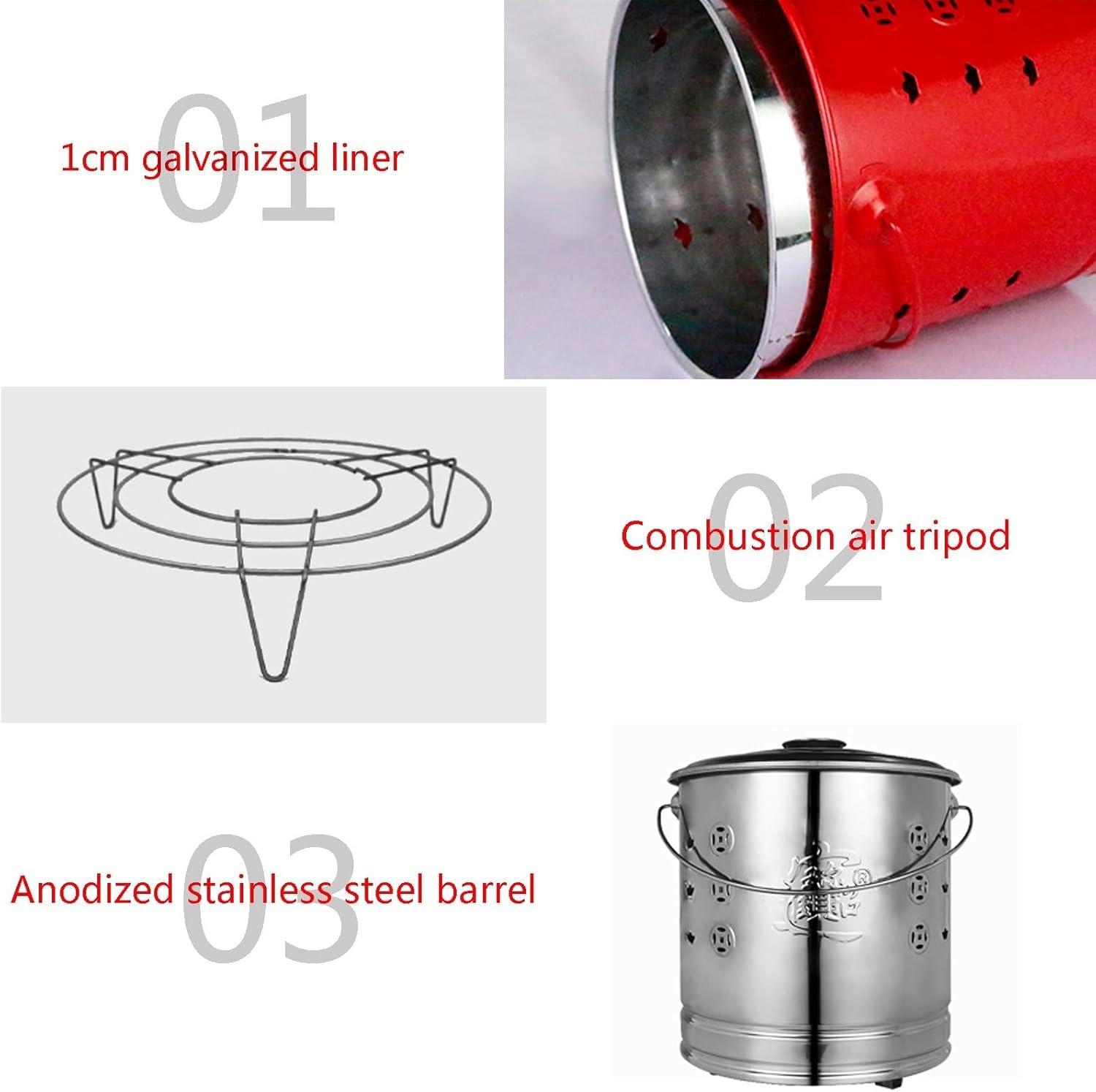 Stainless Steel Incinerator Cage with Lid, Stainless Steel Burn Barrel Incinerator, Burning Fire Bin, Burning Barrel, Including Grid Frame, Fire Hook, Liner (Red, Extra Large Plus)